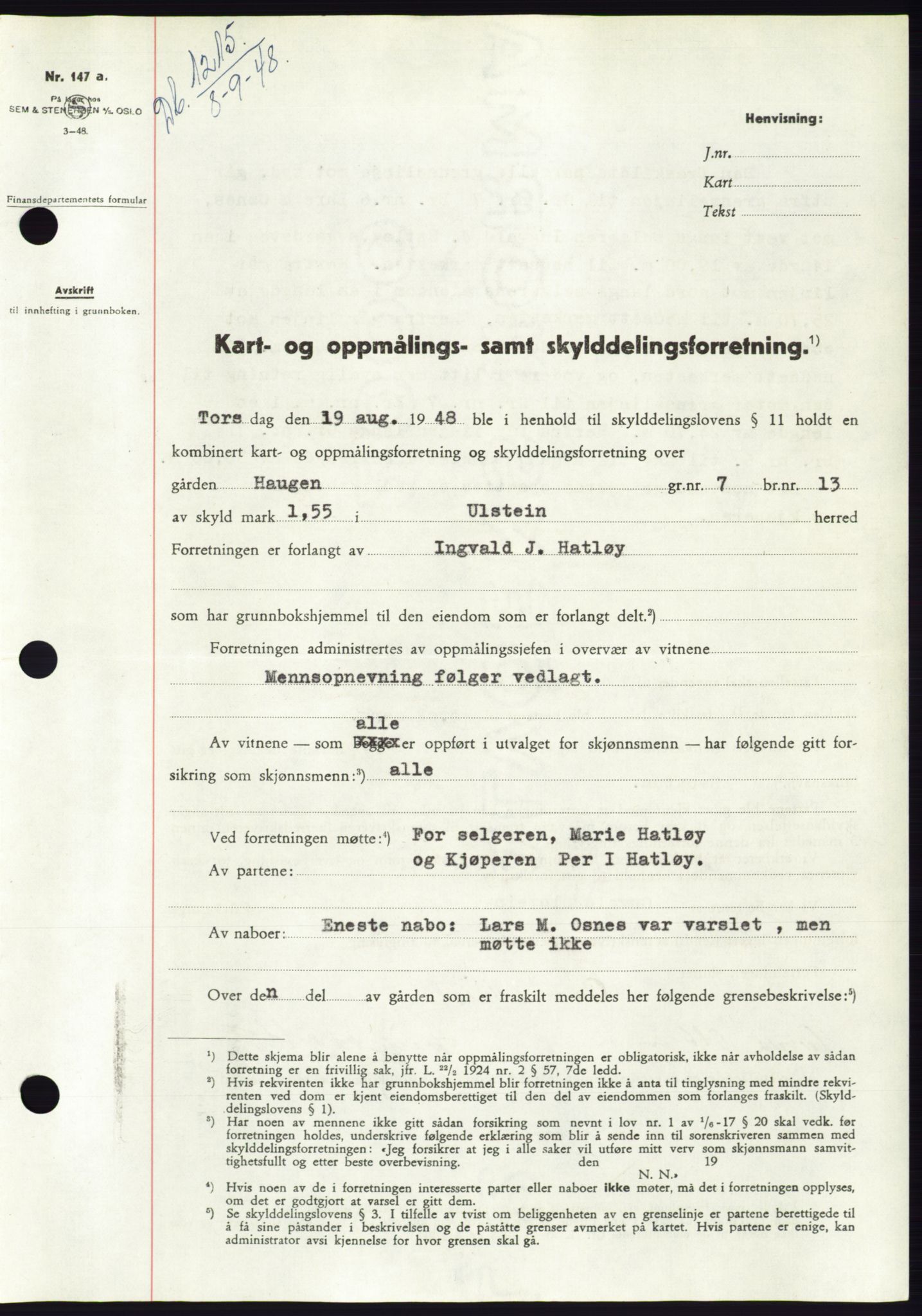 Søre Sunnmøre sorenskriveri, SAT/A-4122/1/2/2C/L0082: Pantebok nr. 8A, 1948-1948, Dagboknr: 1215/1948