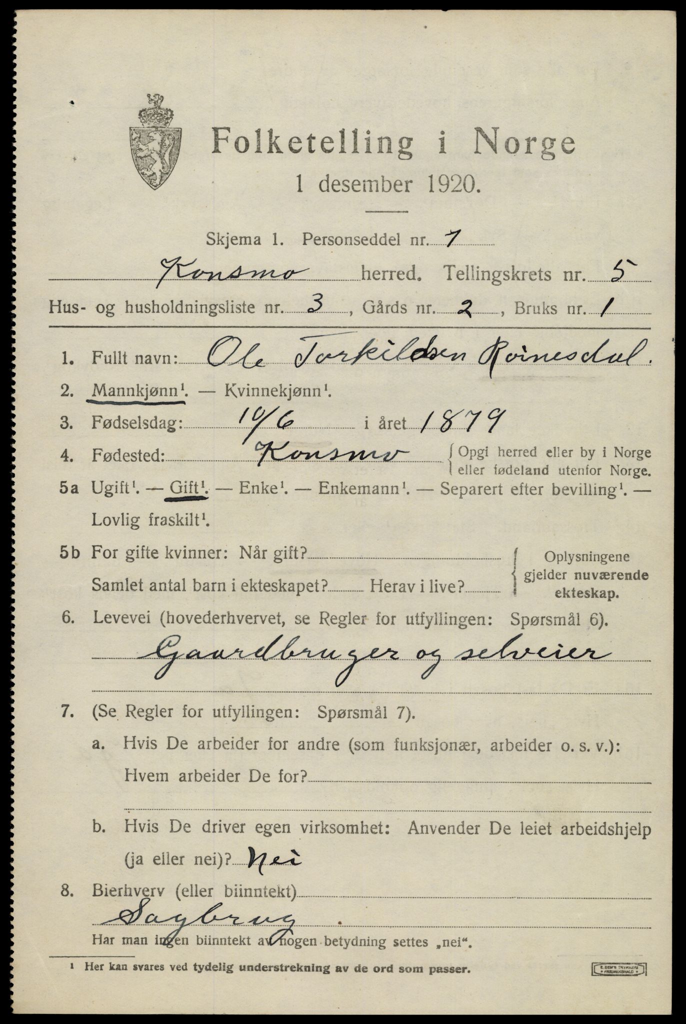 SAK, Folketelling 1920 for 1027 Konsmo herred, 1920, s. 1292