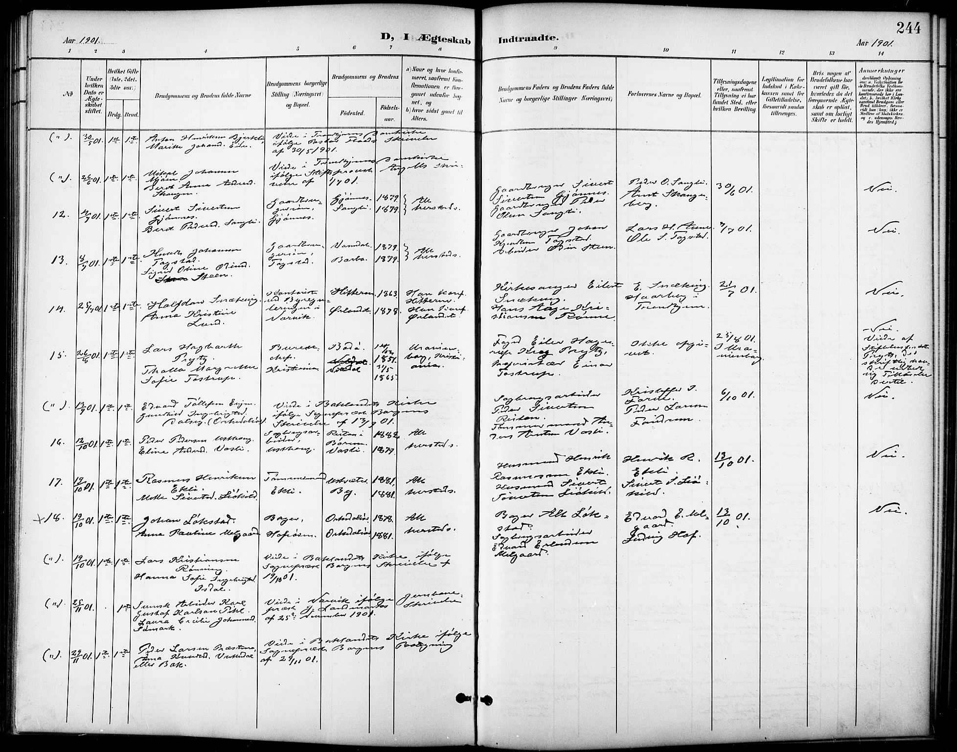 Ministerialprotokoller, klokkerbøker og fødselsregistre - Sør-Trøndelag, SAT/A-1456/668/L0819: Klokkerbok nr. 668C08, 1899-1912, s. 244
