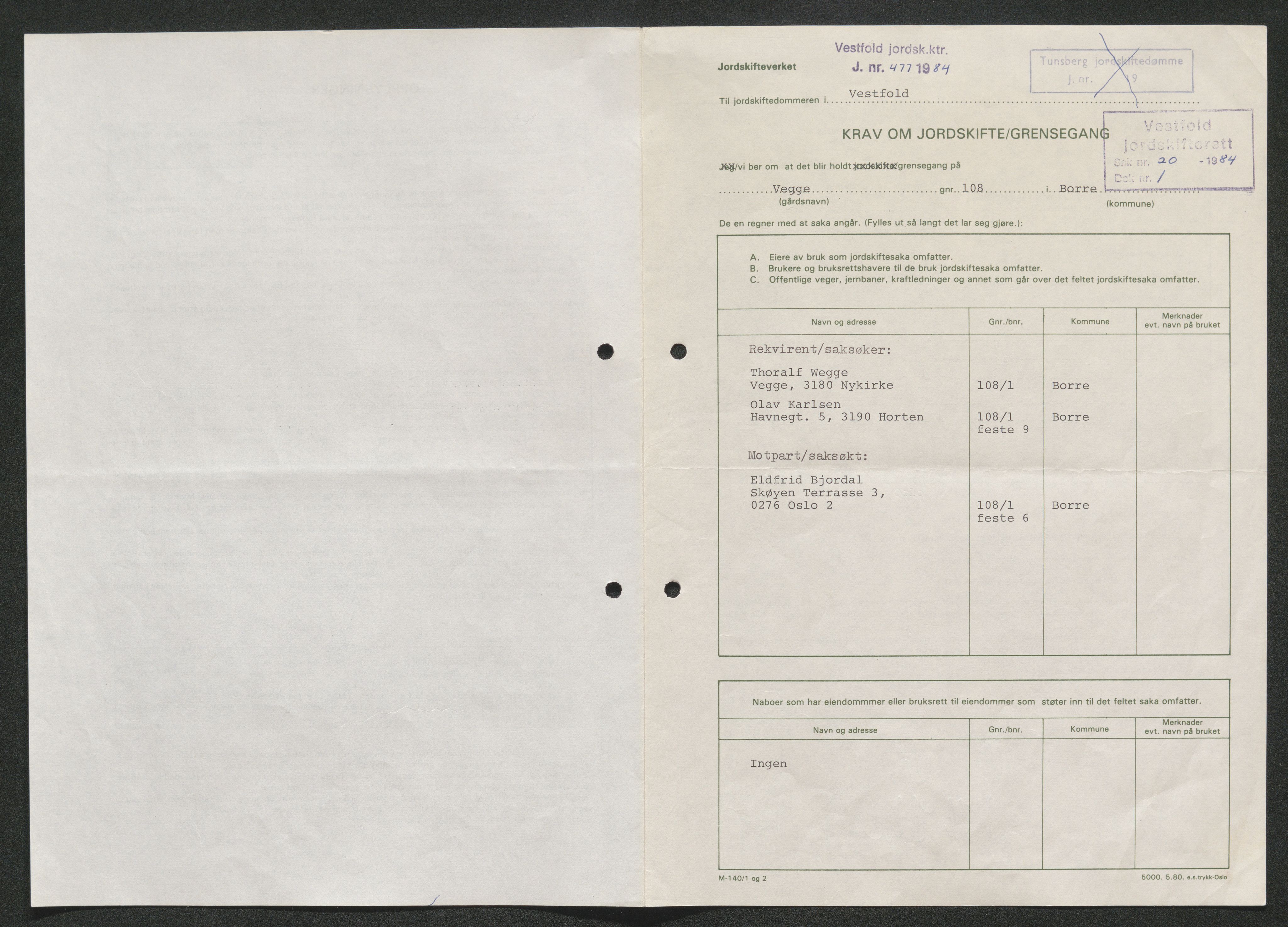 Vestfold jordskifterett, SAKO/A-1152/G/Gb/L0021/0004: Horten, gnr. 72-108 / Gårdsnr. 108: Sak 0700-1984-0020, 1986-1989, s. 5