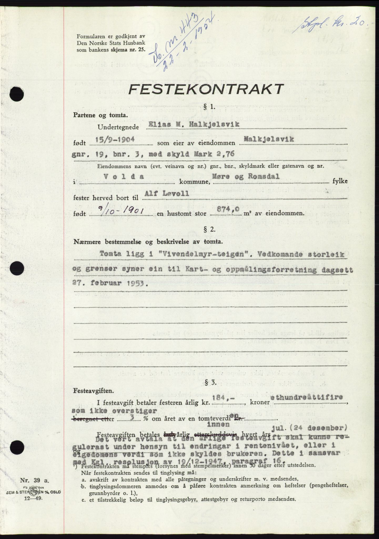 Søre Sunnmøre sorenskriveri, SAT/A-4122/1/2/2C/L0097: Pantebok nr. 23A, 1954-1954, Dagboknr: 443/1954