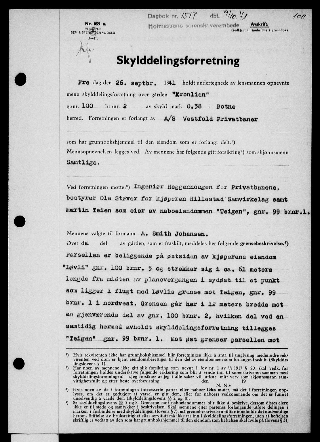 Holmestrand sorenskriveri, SAKO/A-67/G/Ga/Gaa/L0053: Pantebok nr. A-53, 1941-1941, Dagboknr: 1517/1941
