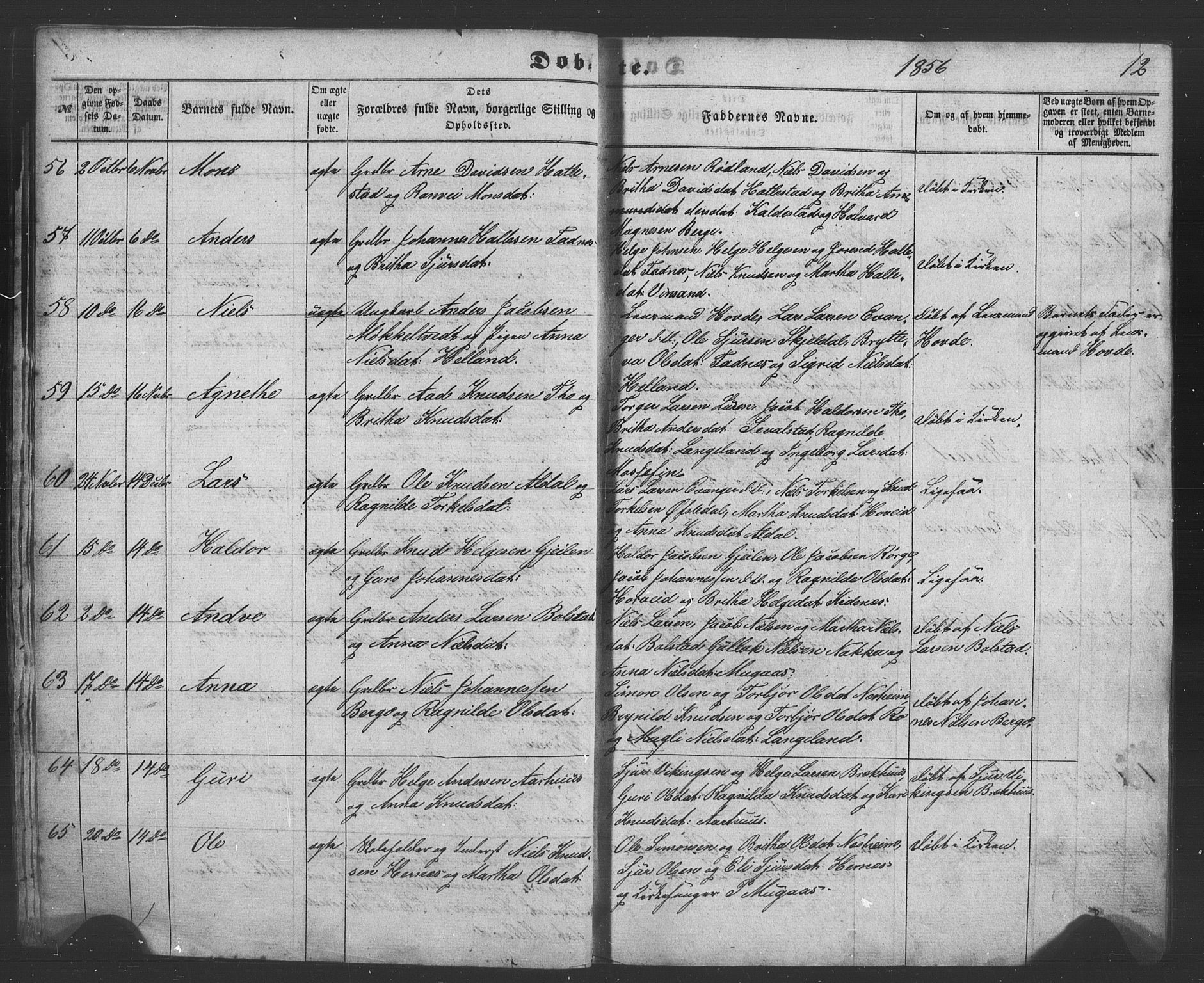 Evanger sokneprestembete, AV/SAB-A-99924: Klokkerbok nr. A 1, 1855-1864, s. 12