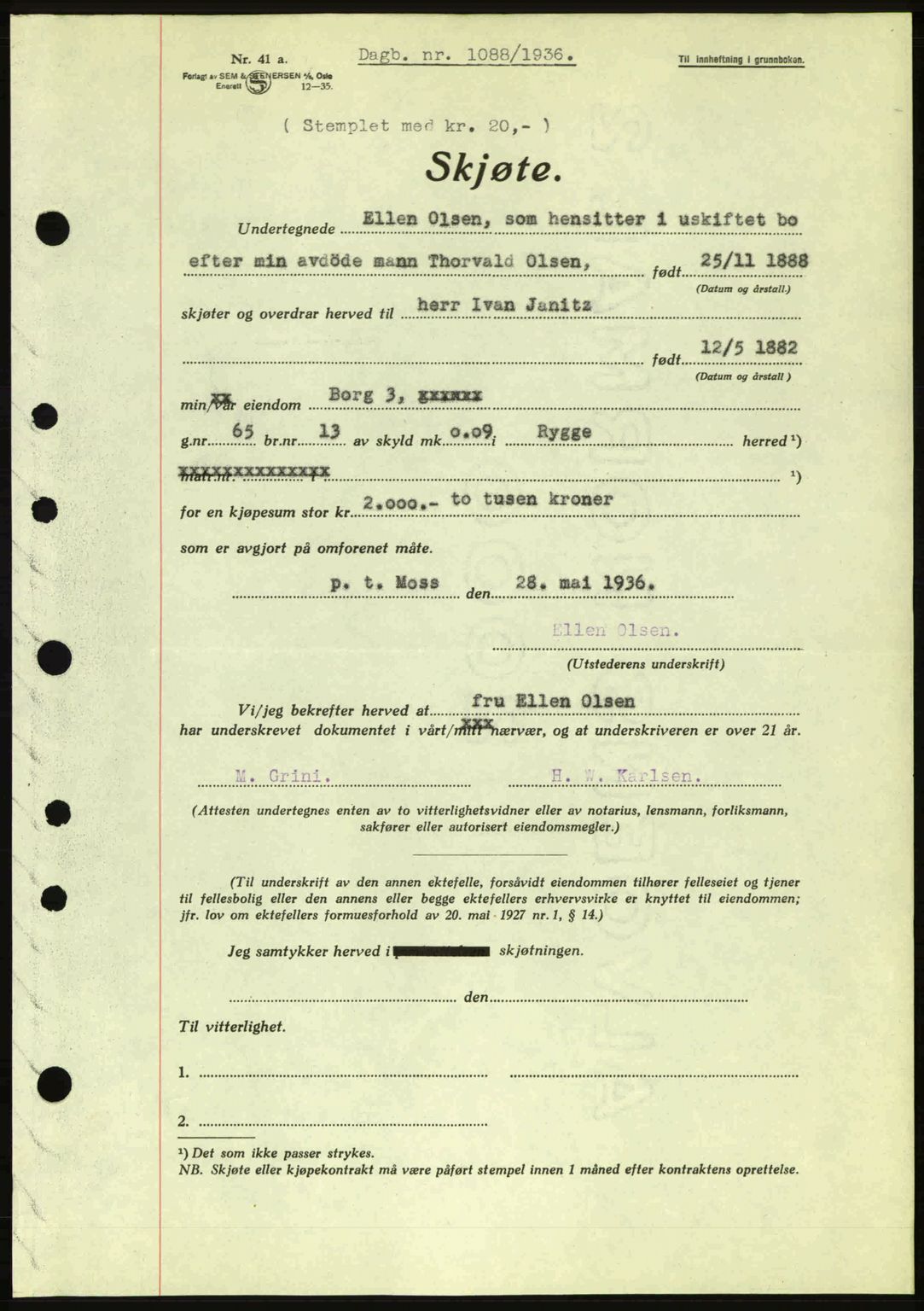 Moss sorenskriveri, SAO/A-10168: Pantebok nr. A1, 1936-1936, Dagboknr: 1088/1936