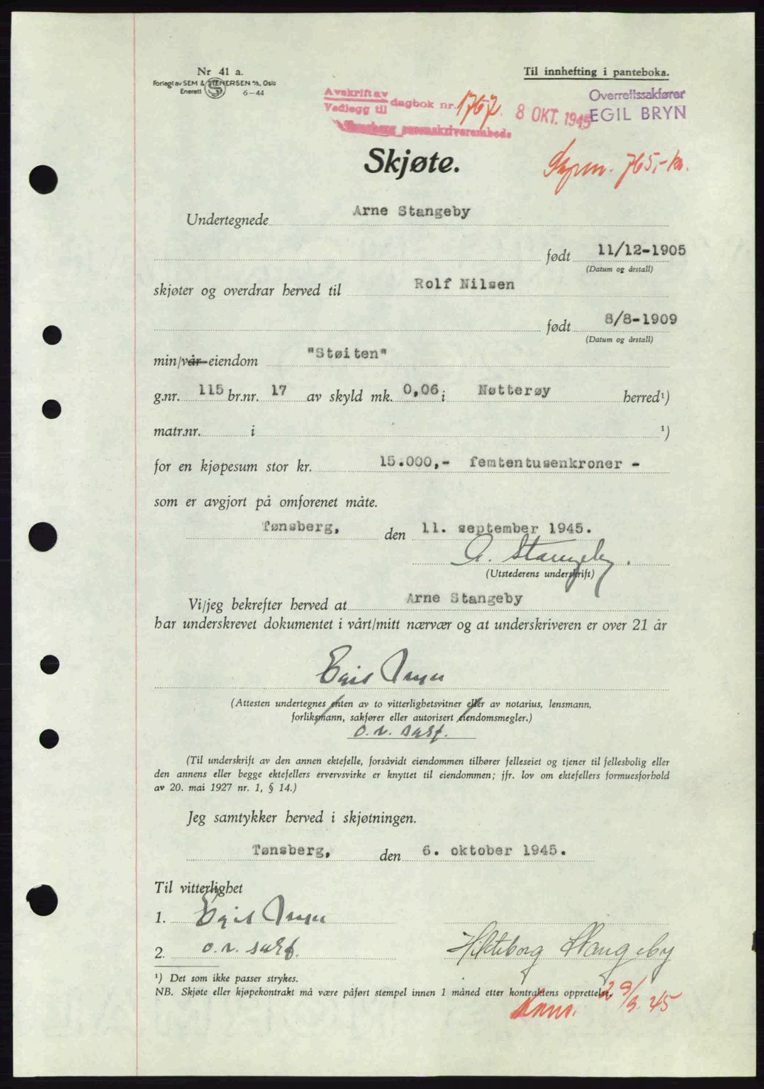 Tønsberg sorenskriveri, AV/SAKO-A-130/G/Ga/Gaa/L0017a: Pantebok nr. A17a, 1945-1945, Dagboknr: 1767/1945