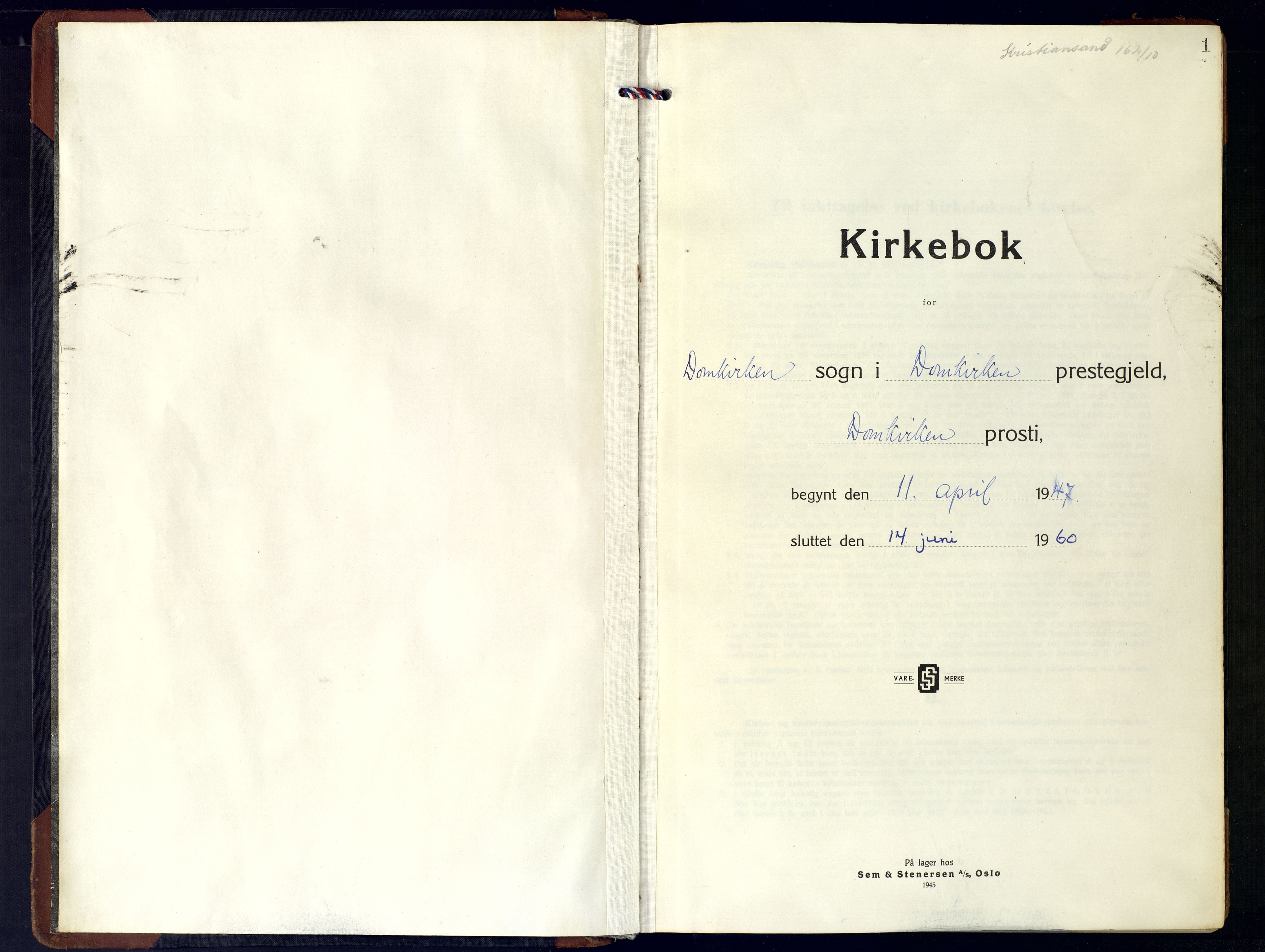 Kristiansand domprosti, SAK/1112-0006/F/Fa/L0038: Ministerialbok nr. A-37, 1947-1960, s. 1