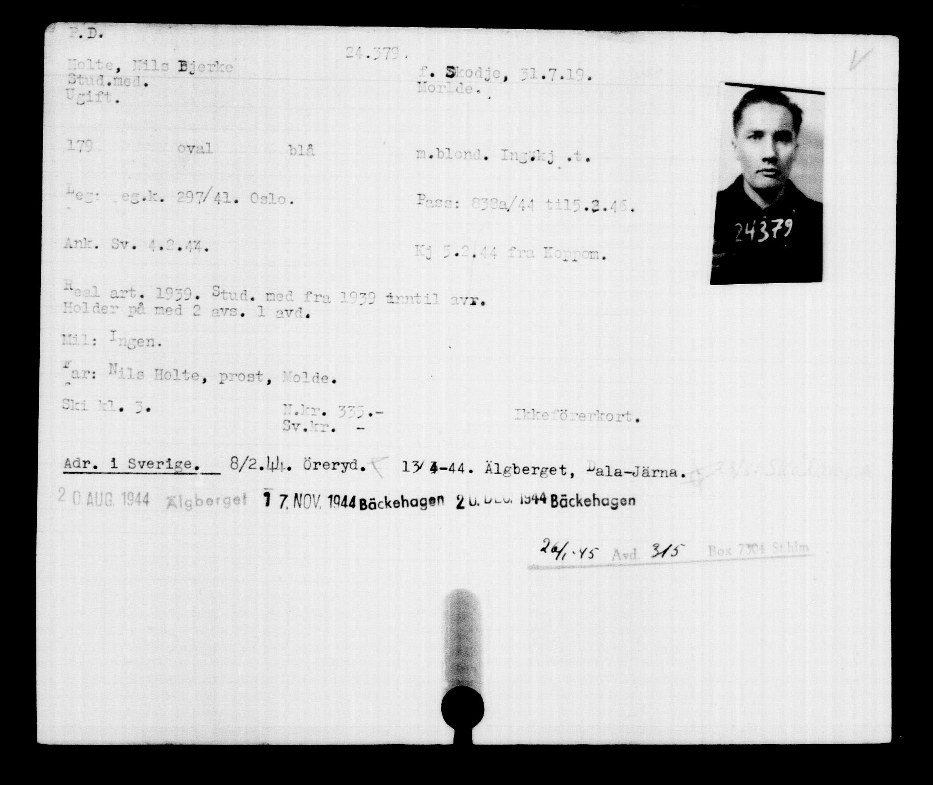 Utenriksstasjonene, Legasjonen i Stockholm, Flyktningkontoret, AV/RA-S-6753/V/Va/L0010: Kjesäterkartoteket, flyktninger med registreringsnr. 22000-25314, 1940-1945, s. 2515