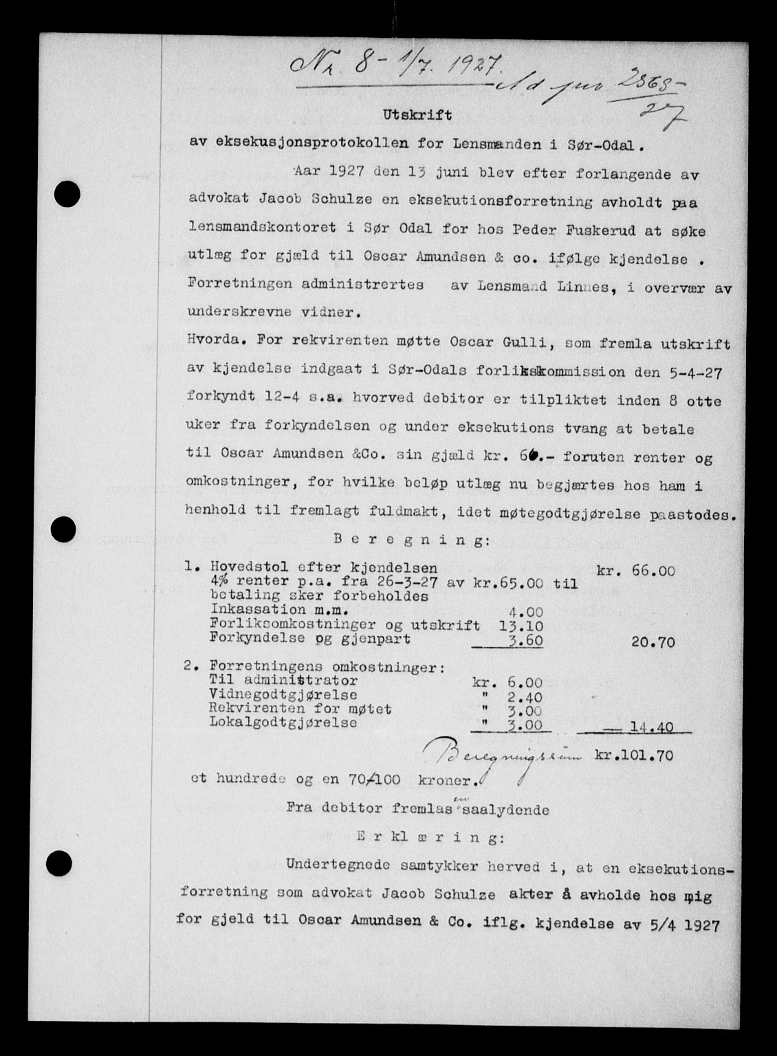 Vinger og Odal sorenskriveri, SAH/TING-022/H/Hb/Hbb/L0022: Pantebok nr. I, 1926-1927, Tingl.dato: 01.07.1927