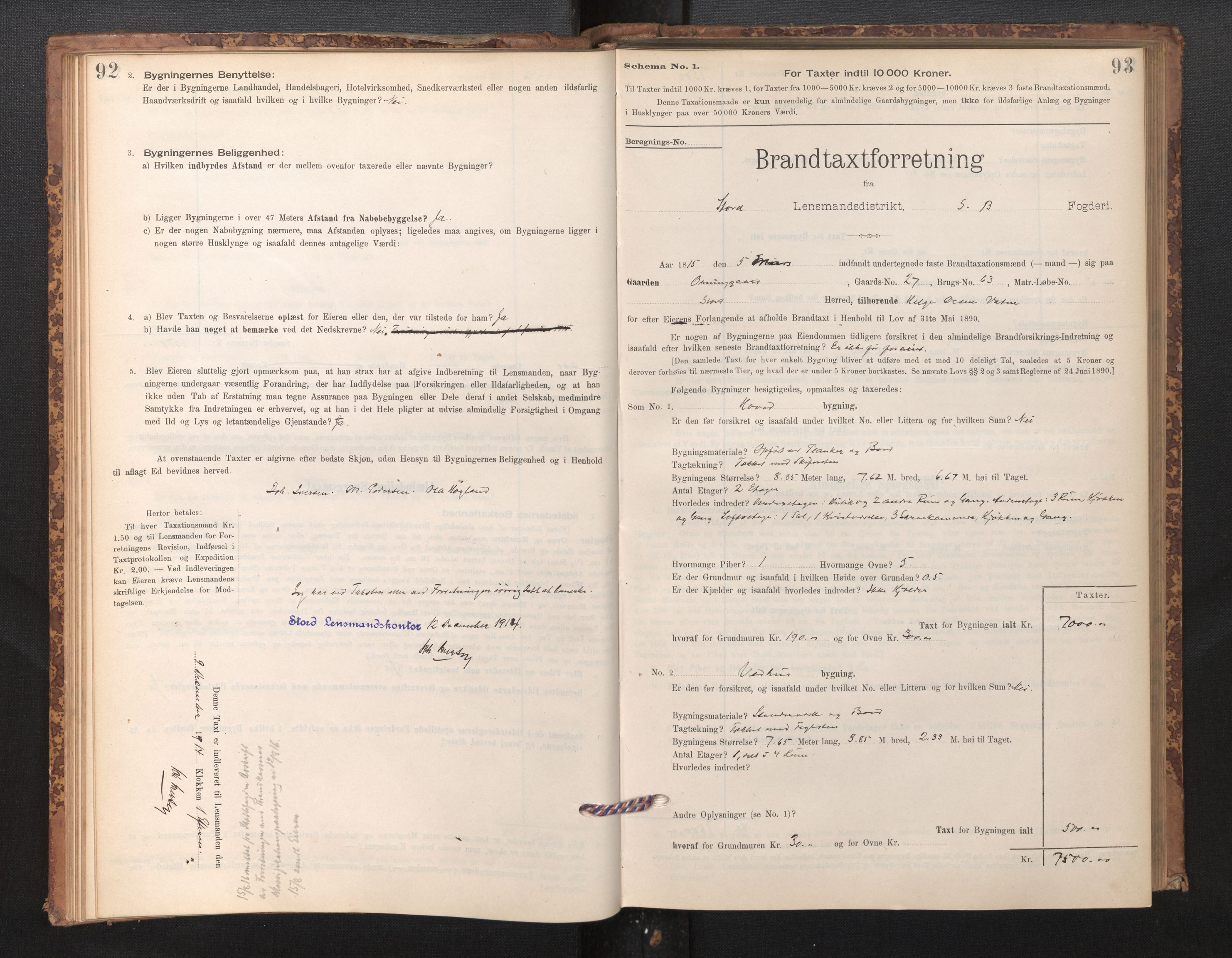 Lensmannen i Stord, SAB/A-35001/0012/L0002: Branntakstprotokoll, skjematakst, 1897-1922, s. 92-93