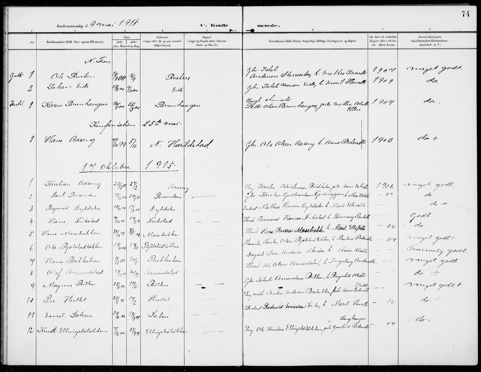 Sel prestekontor, SAH/PREST-074/H/Ha/Haa/L0001: Ministerialbok nr. 1, 1905-1922, s. 74