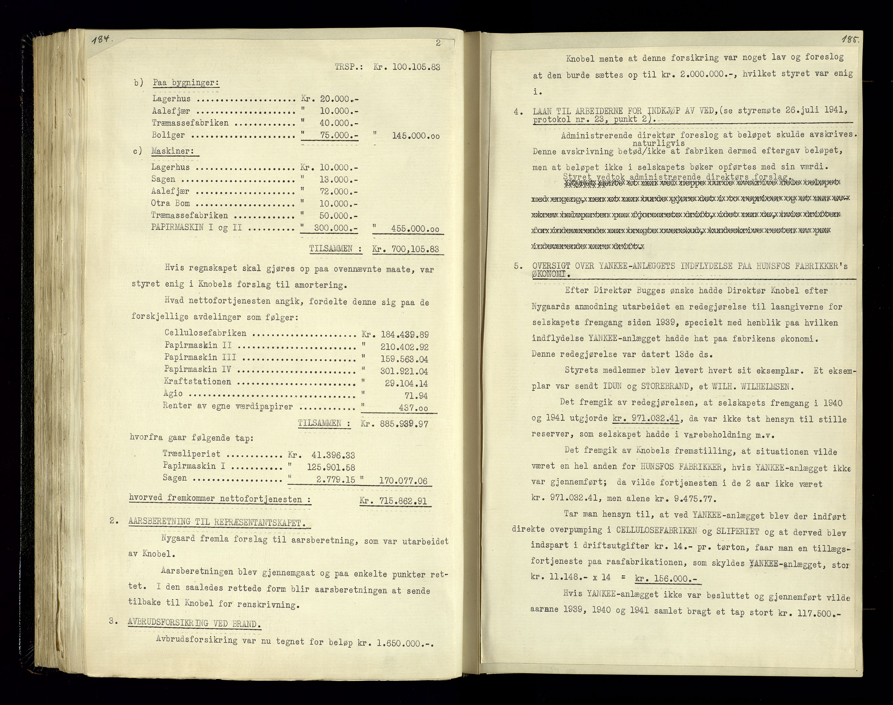 Hunsfos fabrikker, SAK/D/1440/02/L0006: Referatprotokoll fra styremøter, 1938-1950, s. 184-185