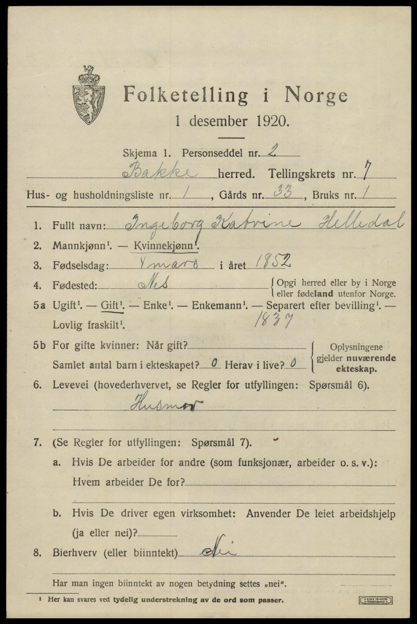SAK, Folketelling 1920 for 1045 Bakke herred, 1920, s. 2224