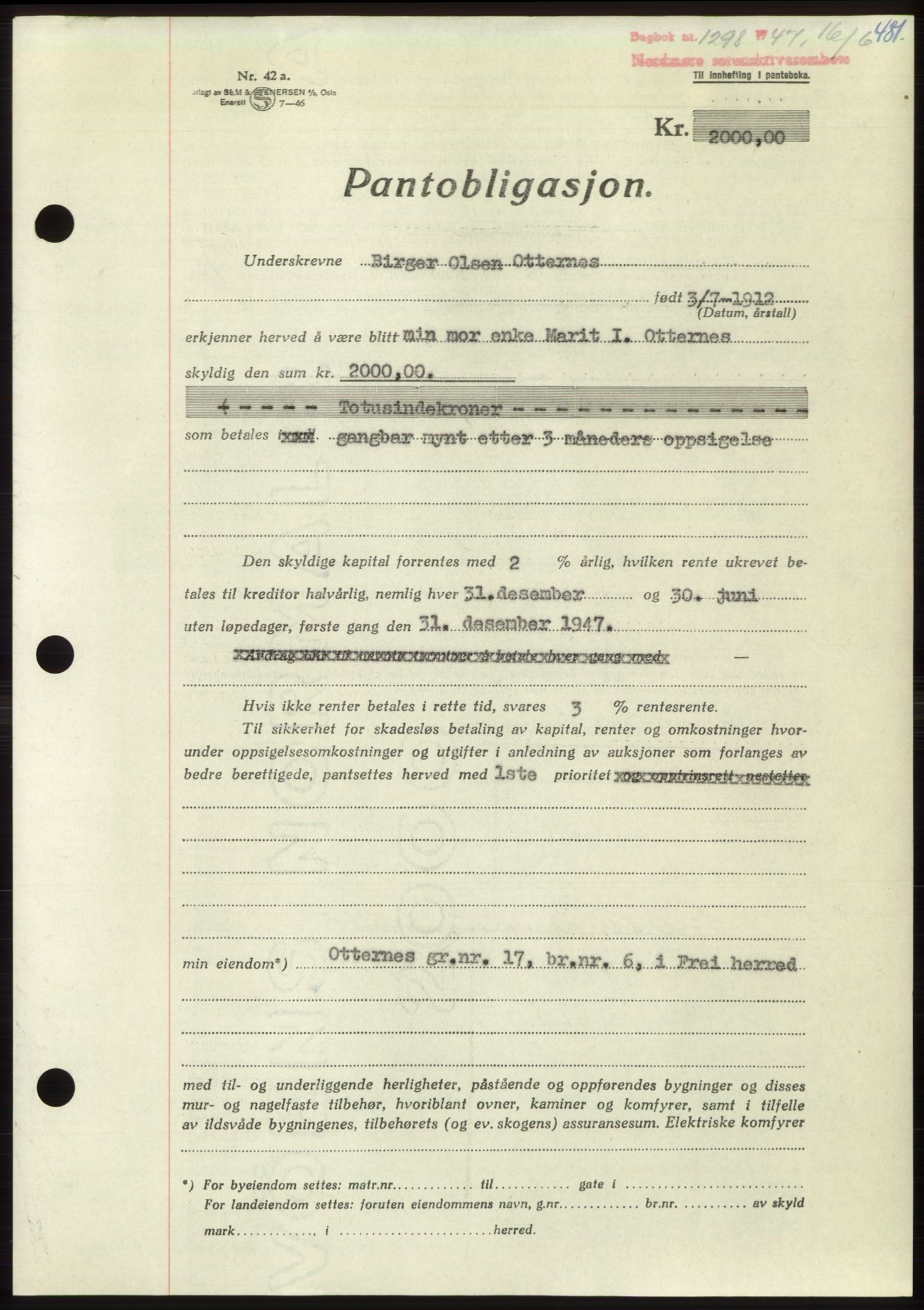 Nordmøre sorenskriveri, SAT/A-4132/1/2/2Ca: Pantebok nr. B96, 1947-1947, Dagboknr: 1298/1947