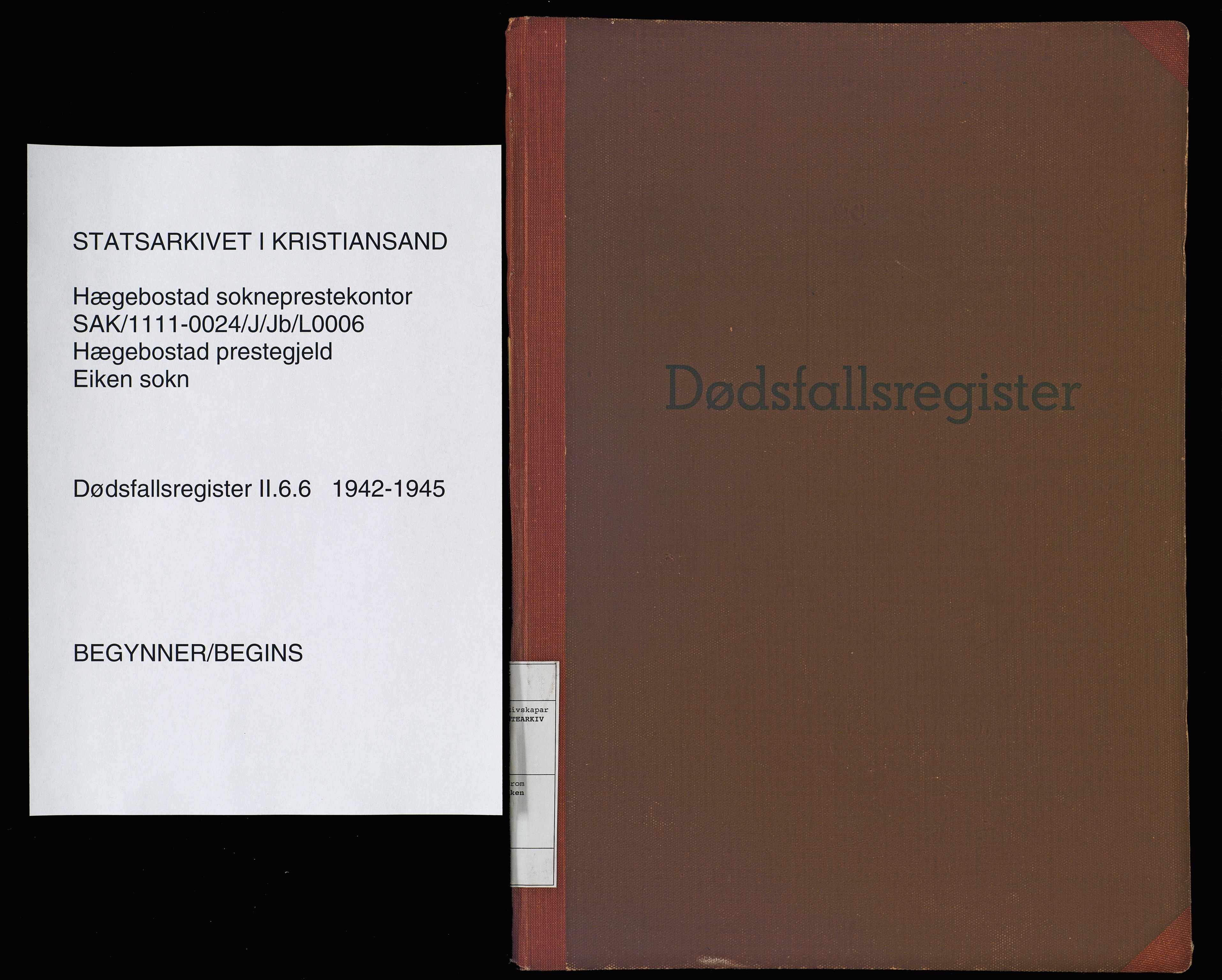 Hægebostad sokneprestkontor, SAK/1111-0024/J/Jb/L0006: II.6.6 - Dødsfallsregister Eiken, 1942-1945