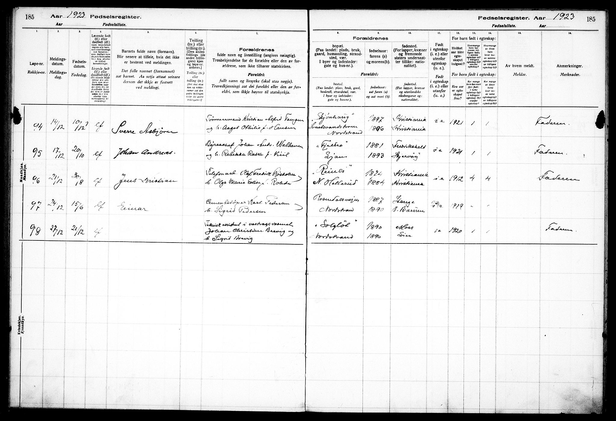 Nordstrand prestekontor Kirkebøker, AV/SAO-A-10362a/J/Ja/L0001: Fødselsregister nr. I 1, 1916-1924, s. 185