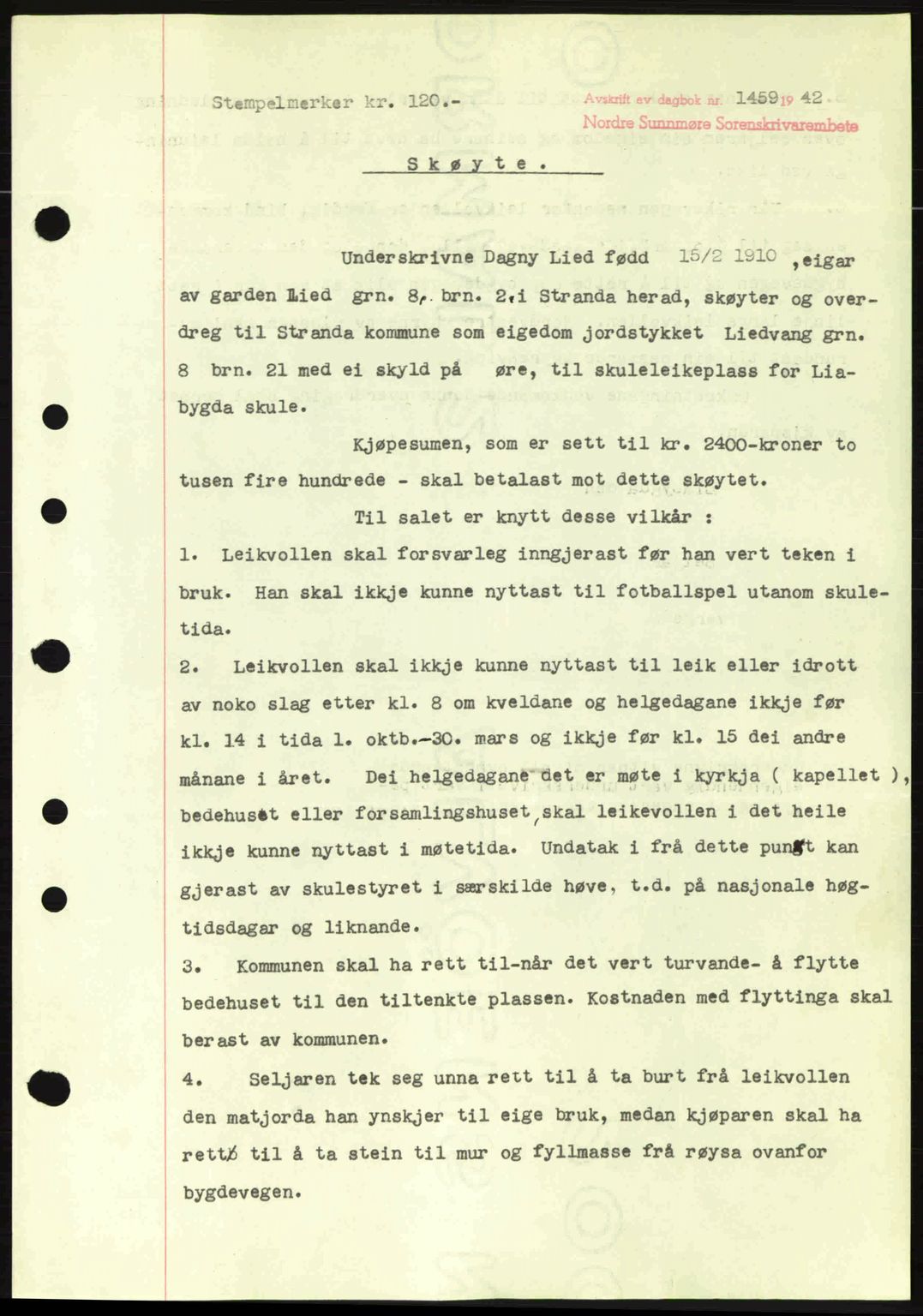 Nordre Sunnmøre sorenskriveri, SAT/A-0006/1/2/2C/2Ca: Pantebok nr. A14, 1942-1942, Dagboknr: 1459/1942