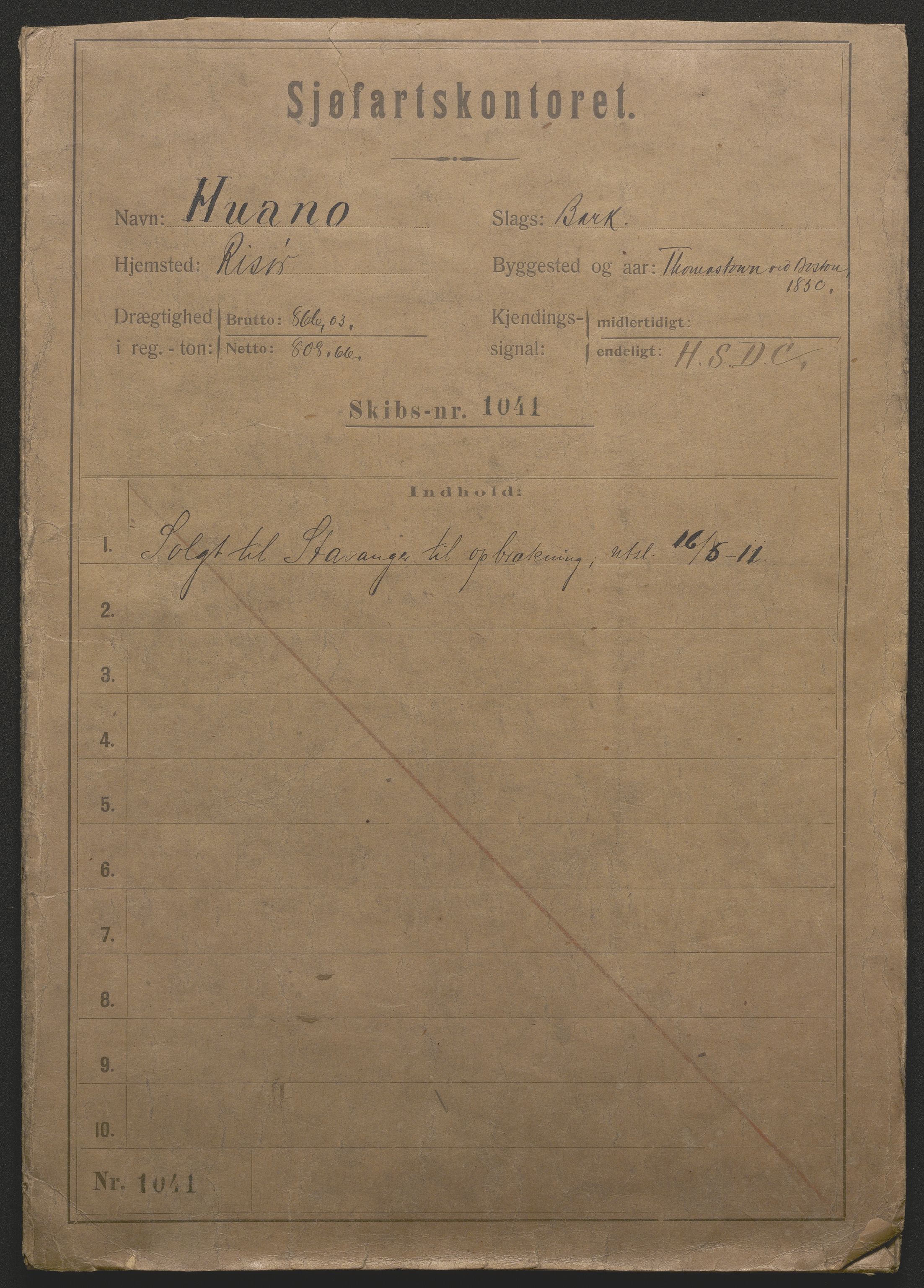 Sjøfartsdirektoratet med forløpere, skipsmapper slettede skip, AV/RA-S-4998/F/Fa/L0519: --, 1850-1922, s. 1