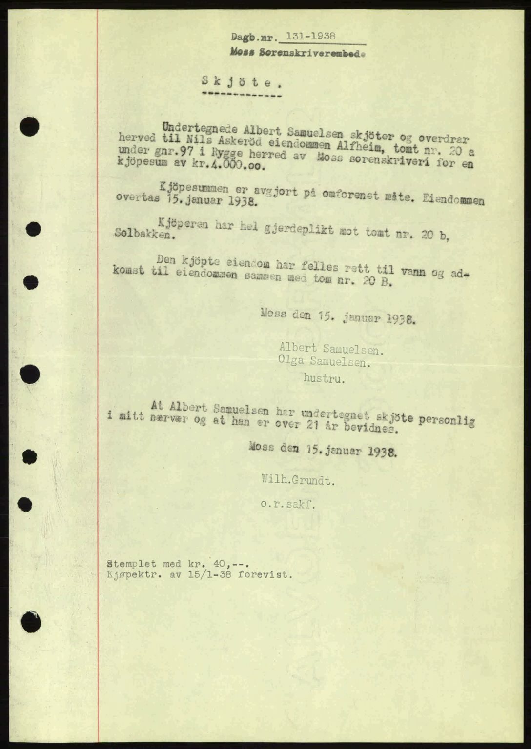 Moss sorenskriveri, SAO/A-10168: Pantebok nr. A3, 1937-1938, Dagboknr: 131/1938