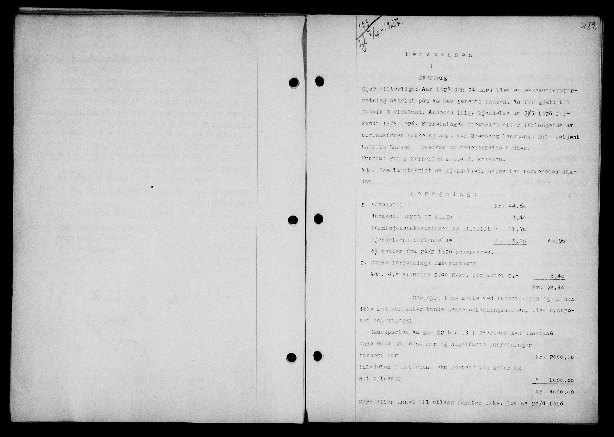 Vesterålen sorenskriveri, SAT/A-4180/1/2/2Ca/L0043: Pantebok nr. 36, 1926-1927, Tingl.dato: 07.04.1927