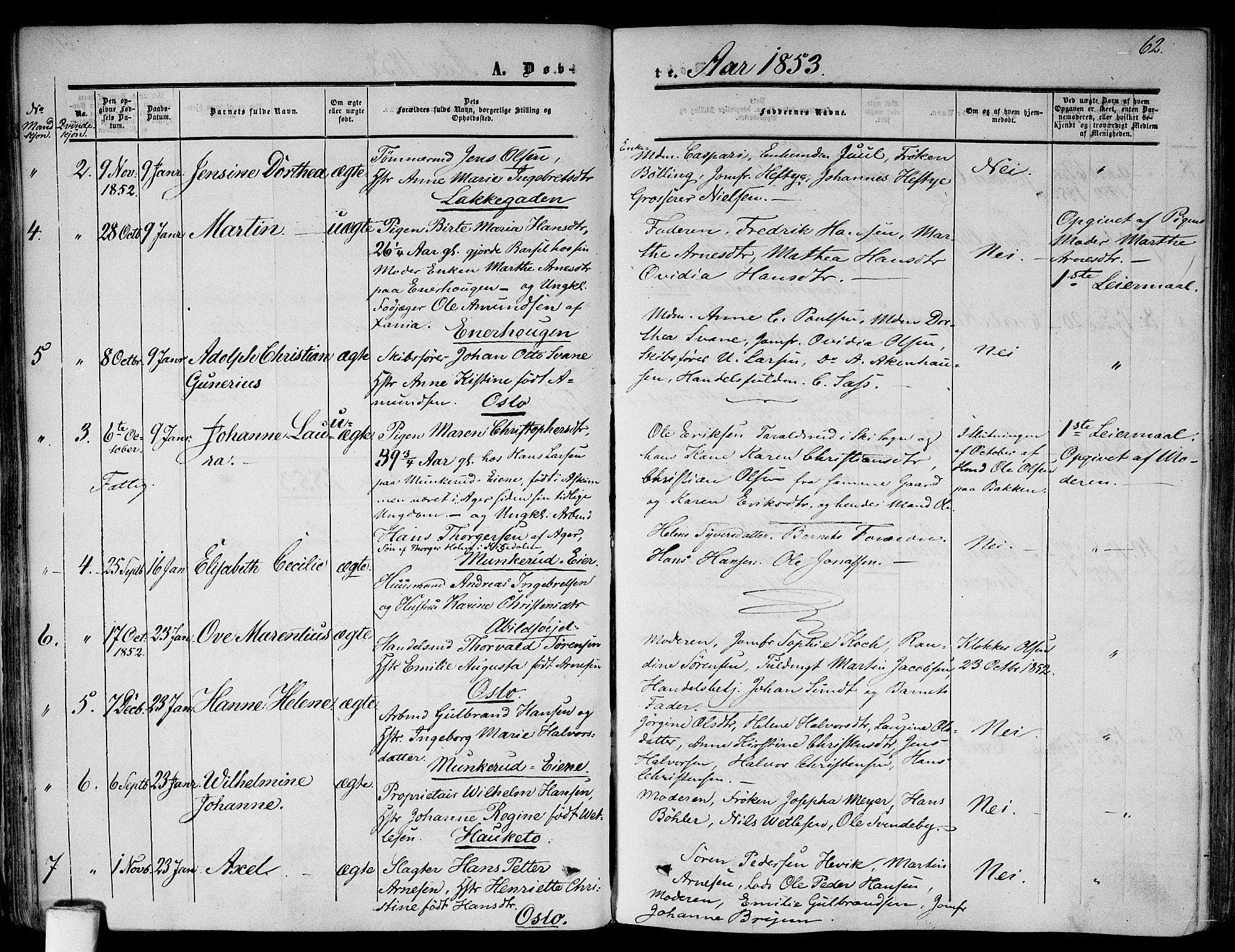 Gamlebyen prestekontor Kirkebøker, AV/SAO-A-10884/F/Fa/L0004: Ministerialbok nr. 4, 1850-1857, s. 62