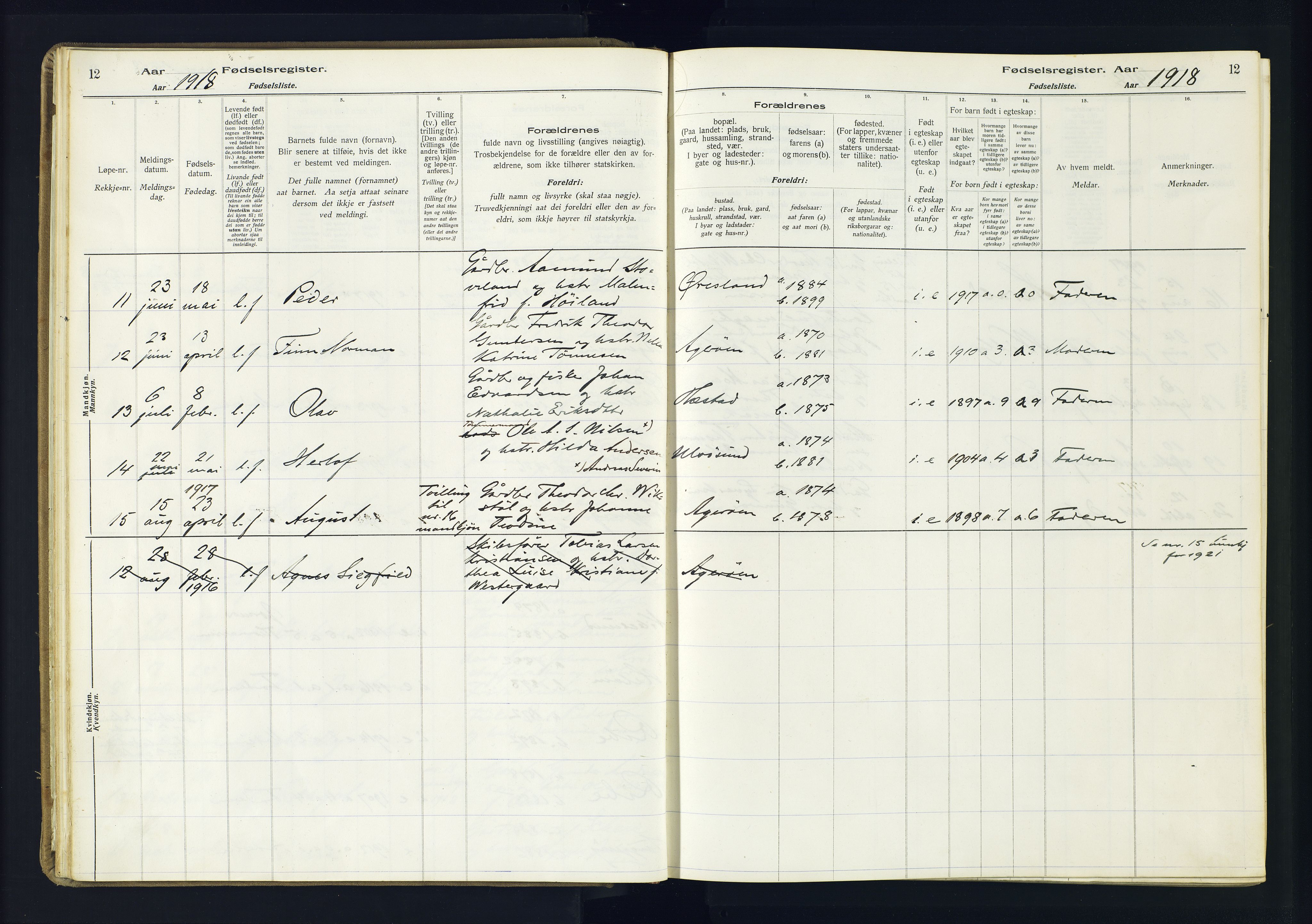 Høvåg sokneprestkontor, AV/SAK-1111-0025/J/Ja/L0001: Fødselsregister nr. II.4.2, 1916-1982, s. 12