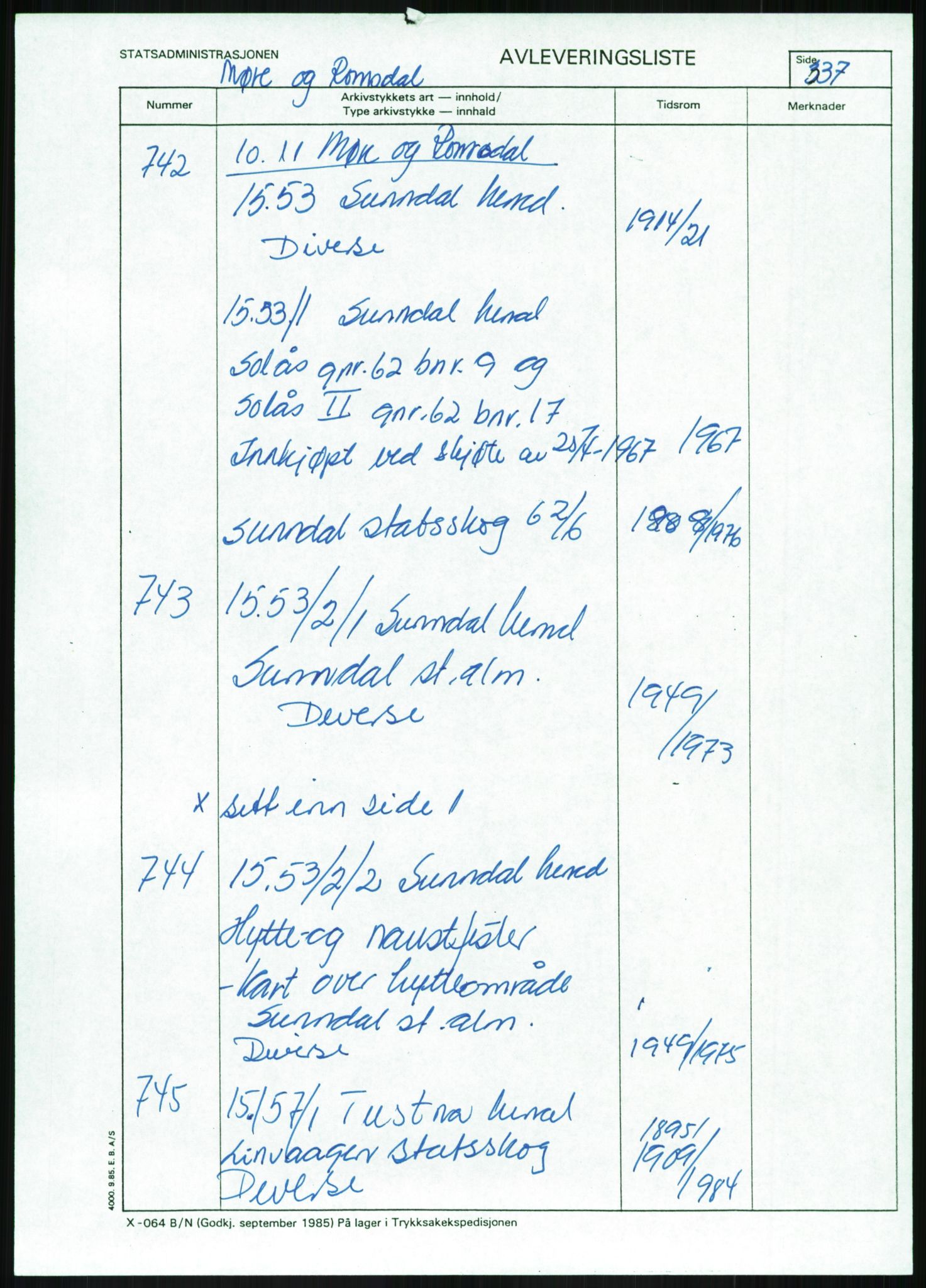 Direktoratet for statens skoger, RA/S-1600/2/E/Eg/L0002: Arkivliste for 10.11-serien. Akershus til Sør-Trøndelag fylke. Mappenr. 1 - 925, 1957-1992, s. 478