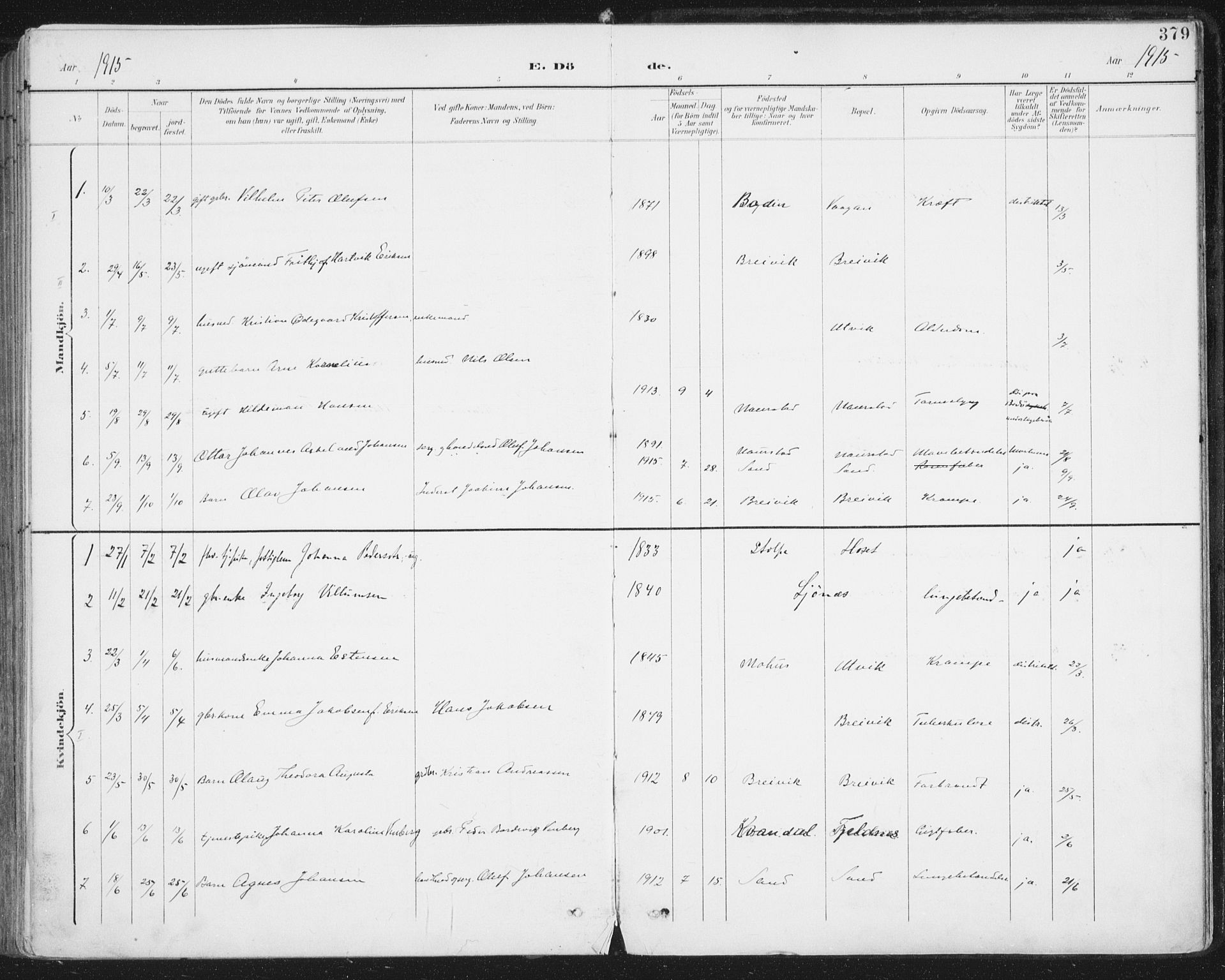 Ministerialprotokoller, klokkerbøker og fødselsregistre - Nordland, AV/SAT-A-1459/852/L0741: Ministerialbok nr. 852A11, 1894-1917, s. 379