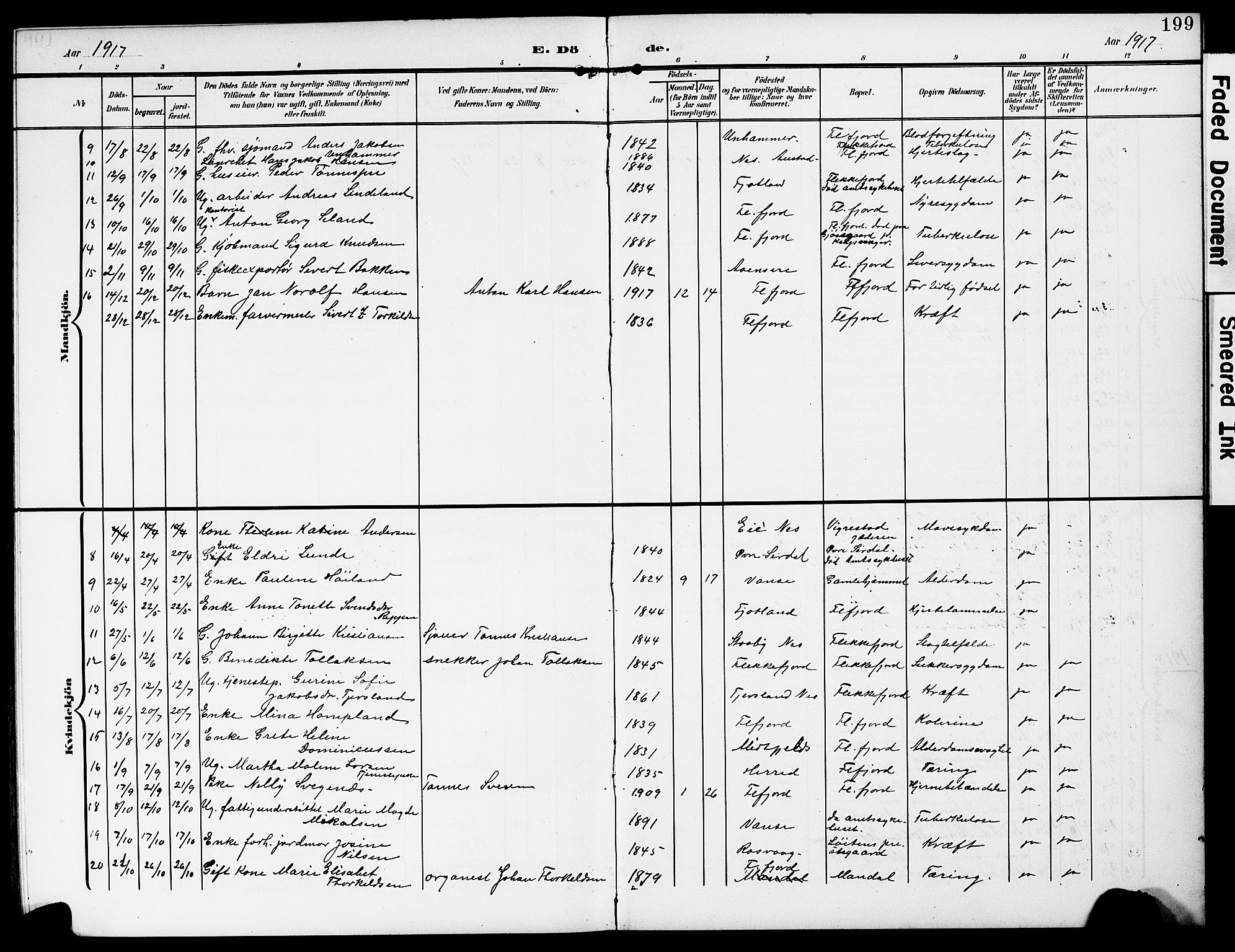 Flekkefjord sokneprestkontor, AV/SAK-1111-0012/F/Fb/Fba/L0001: Klokkerbok nr. B 1, 1903-1931, s. 199