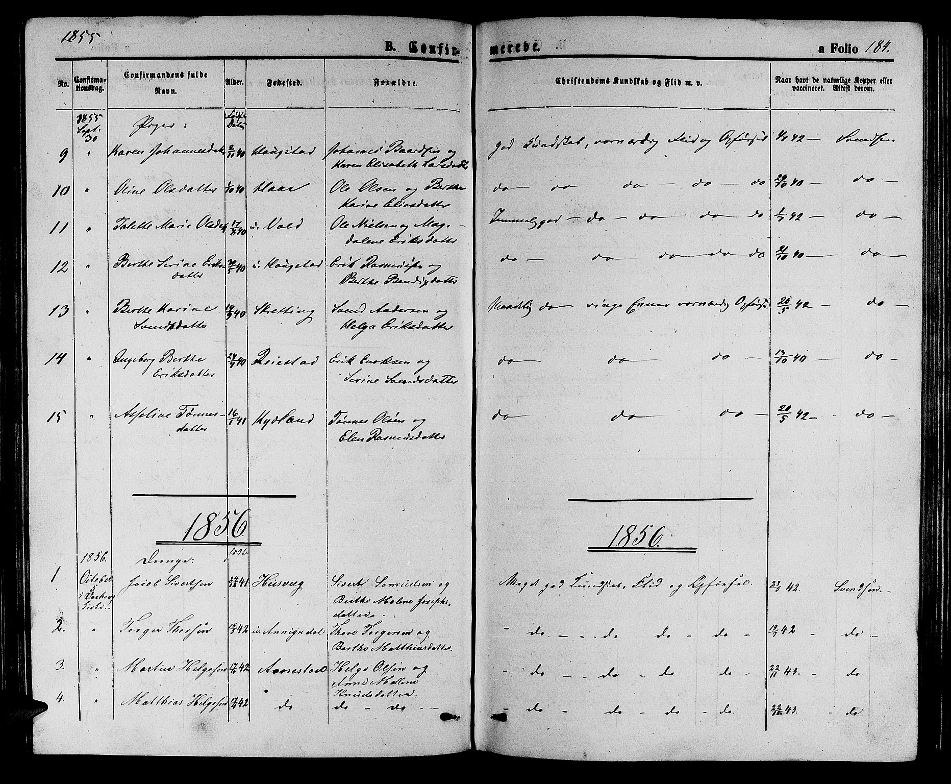 Hå sokneprestkontor, SAST/A-101801/001/30BB/L0002: Klokkerbok nr. B 2, 1854-1883, s. 184