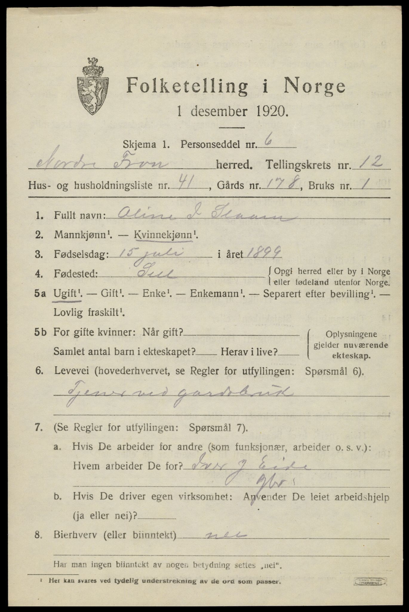 SAH, Folketelling 1920 for 0518 Nord-Fron herred, 1920, s. 10306