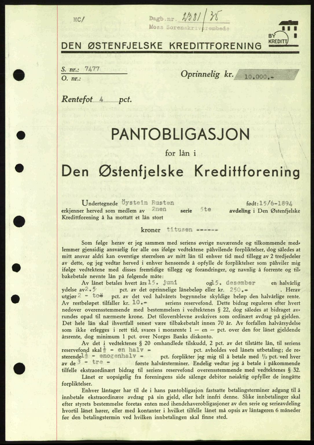 Moss sorenskriveri, SAO/A-10168: Pantebok nr. B6, 1938-1938, Dagboknr: 2381/1938