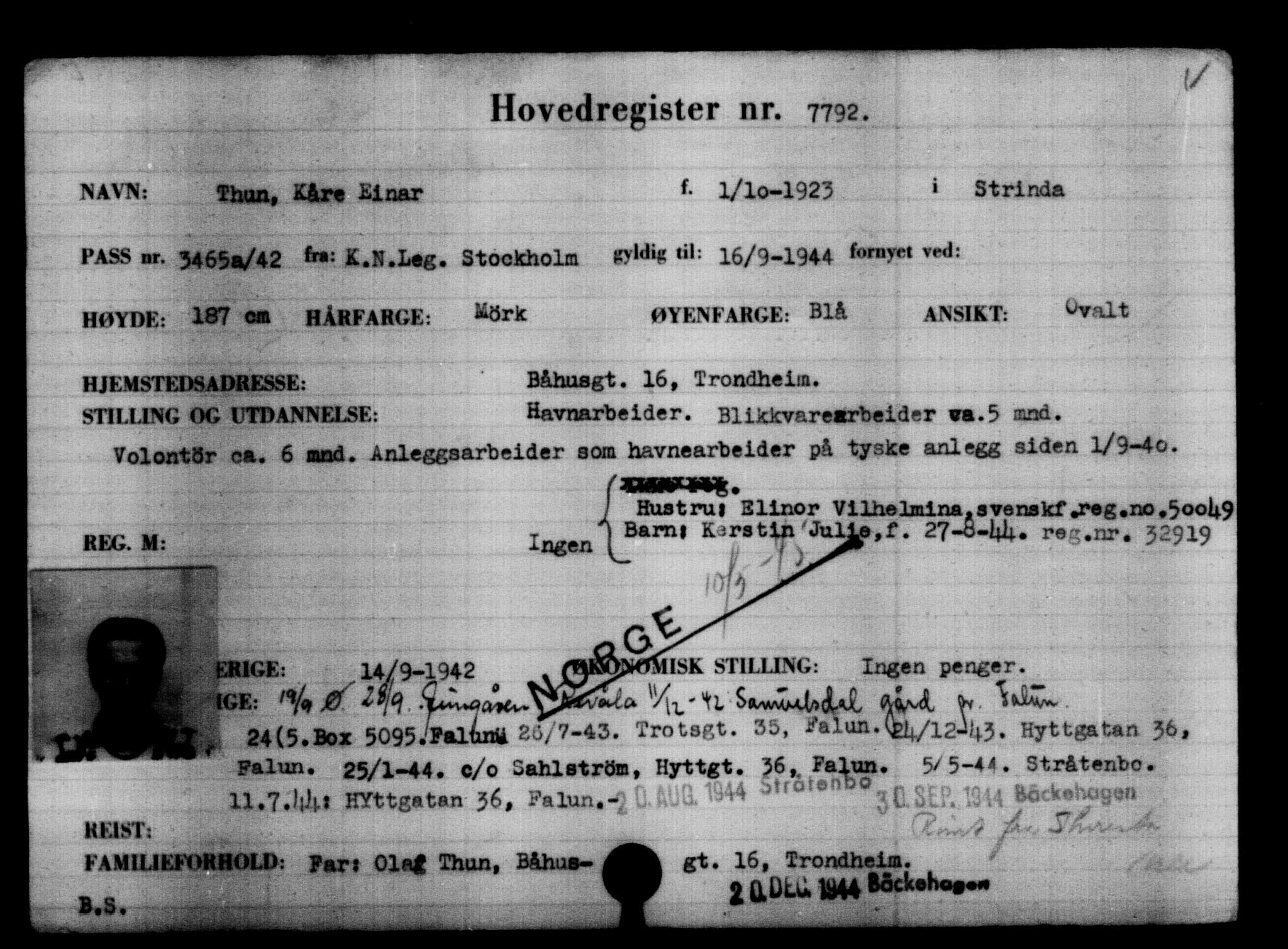 Utenriksstasjonene, Legasjonen i Stockholm, Flyktningkontoret, AV/RA-S-6753/V/Va/L0005: Kjesäterkartoteket, flyktninger med registreringsnr. 6600-9417, 1940-1945, s. 1396