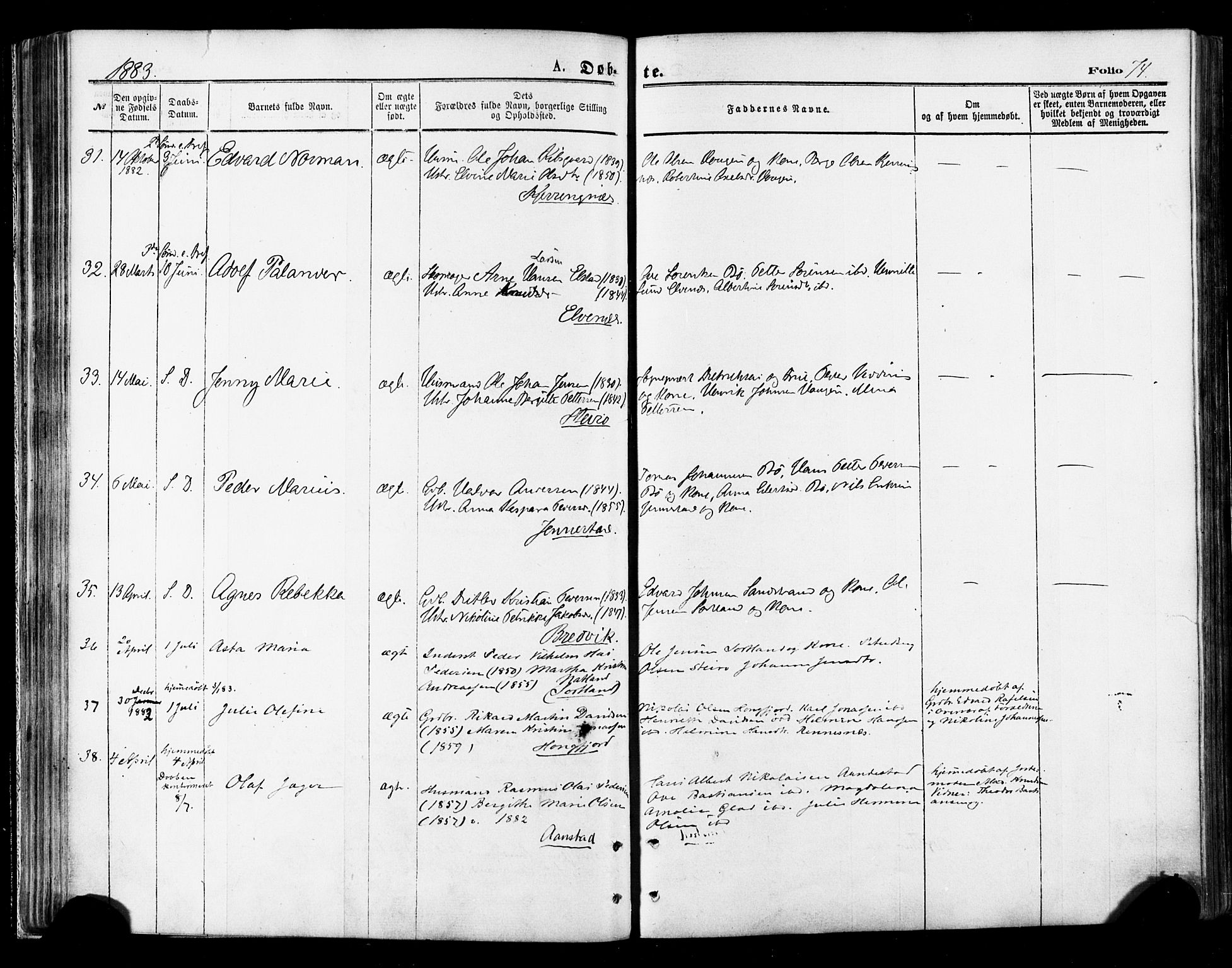Ministerialprotokoller, klokkerbøker og fødselsregistre - Nordland, SAT/A-1459/895/L1370: Ministerialbok nr. 895A05, 1873-1884, s. 74