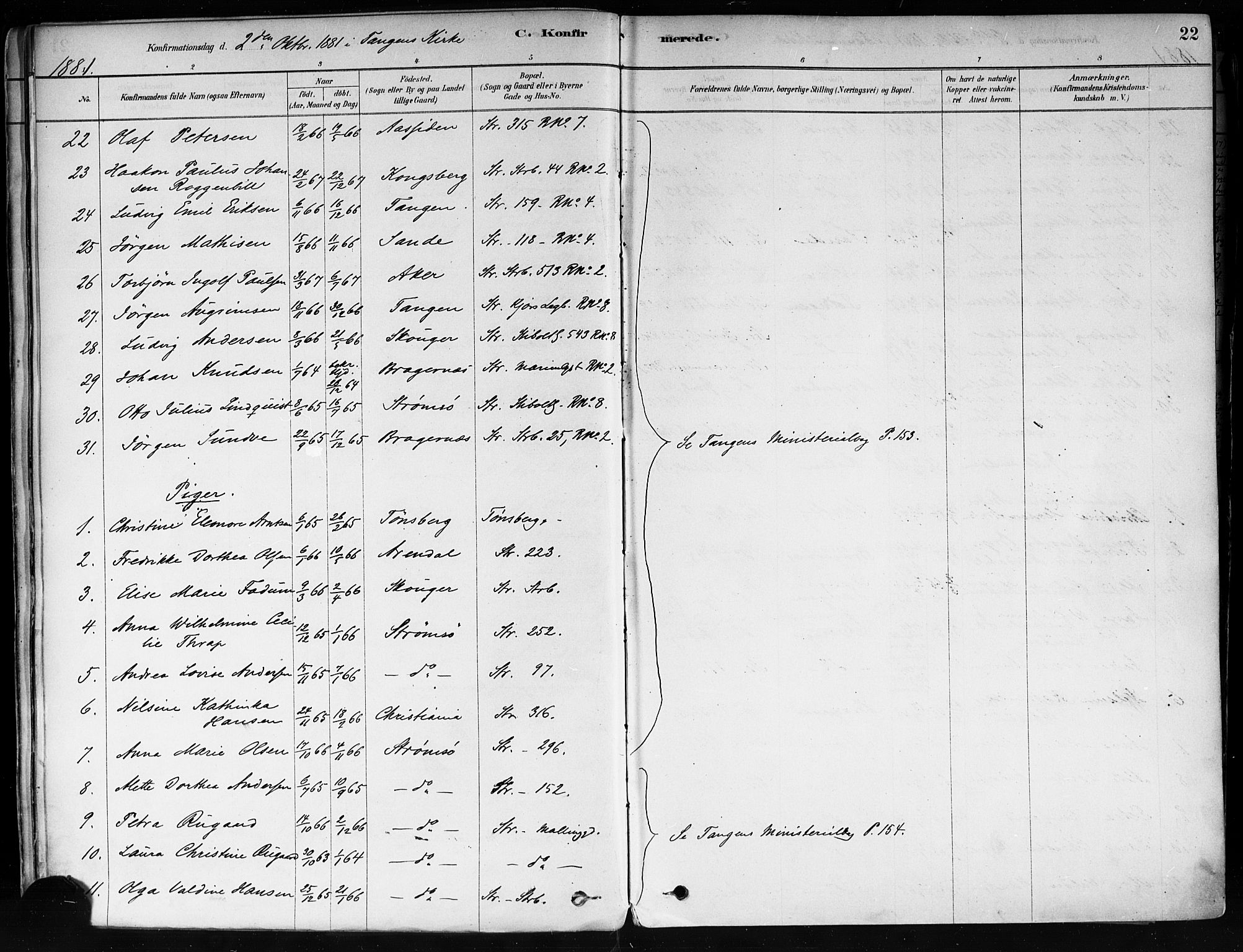 Strømsø kirkebøker, AV/SAKO-A-246/F/Fa/L0022: Ministerialbok nr. I 22, 1879-1899, s. 22