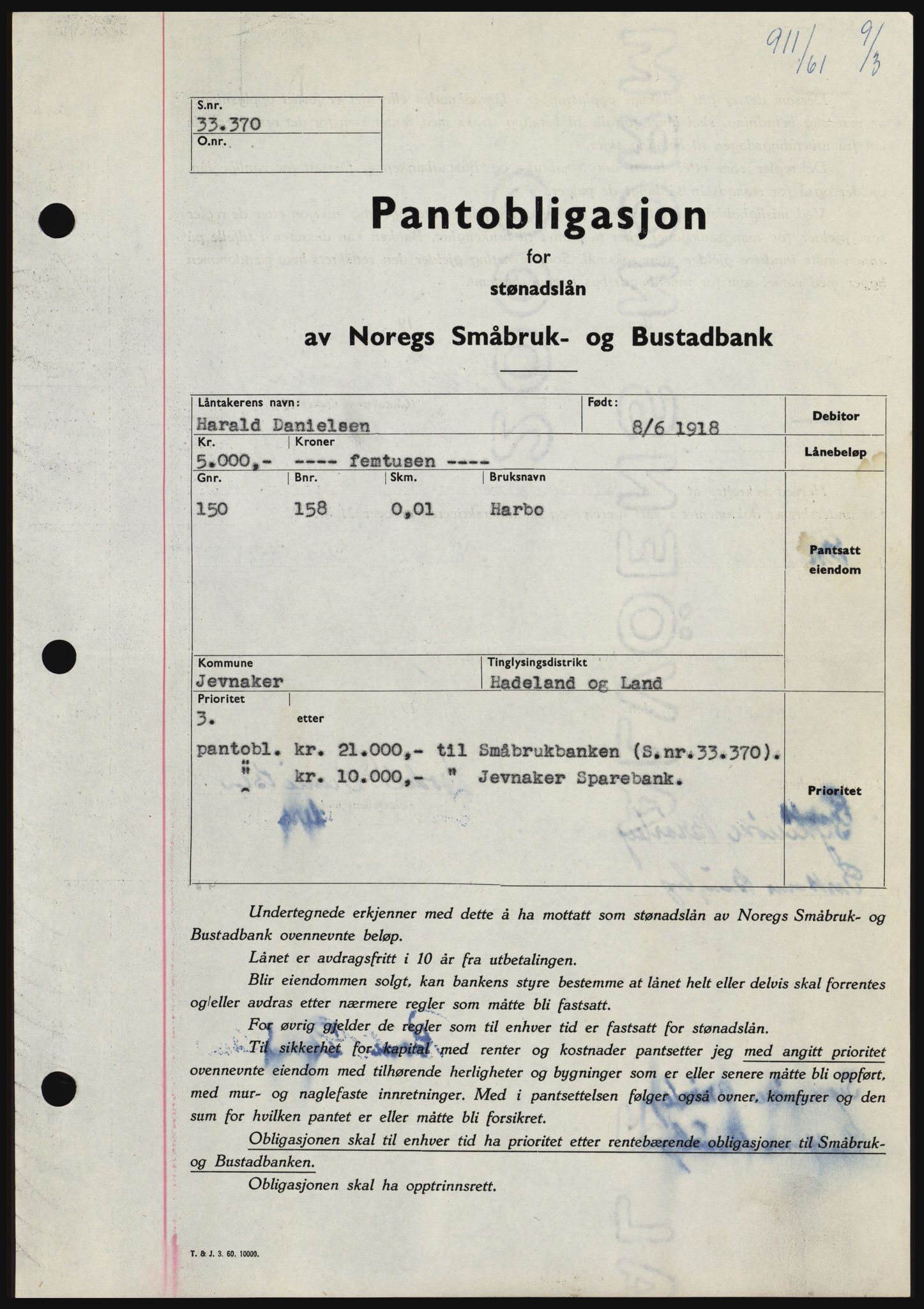 Hadeland og Land tingrett, SAH/TING-010/H/Hb/Hbc/L0045: Pantebok nr. B45, 1961-1961, Dagboknr: 911/1961