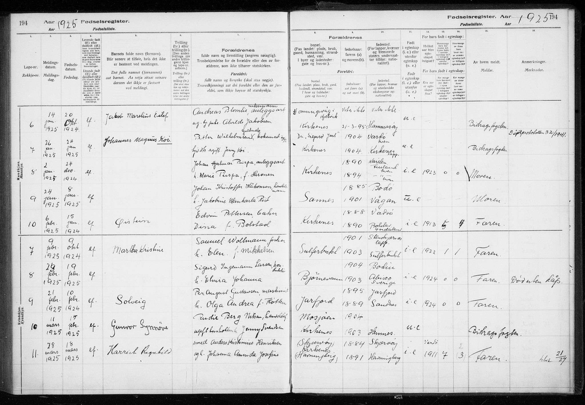 Sør-Varanger sokneprestkontor, AV/SATØ-S-1331/I/Ia/L0016: Fødselsregister nr. 16, 1915-1925, s. 194