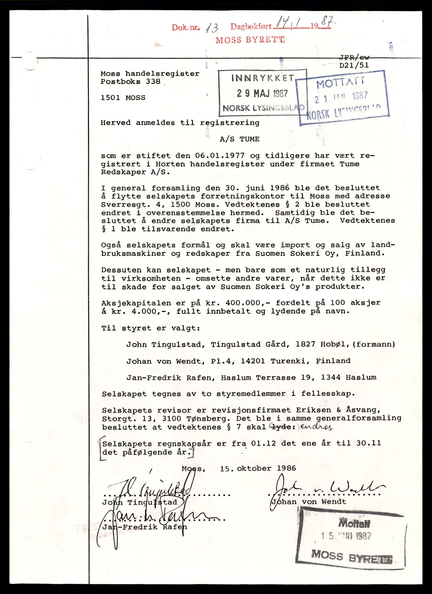 Moss tingrett, AV/SAT-A-10063/K/Ka/Kab/L0045: Slettede og konverterte firmaer, Tum - Vig, 1890-1943, s. 1