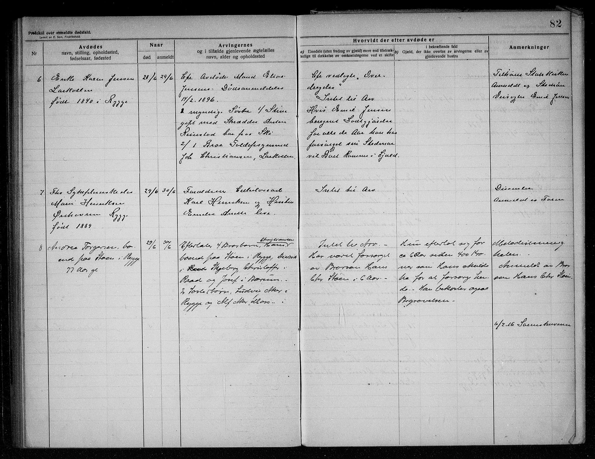 Rygge lensmannskontor, SAO/A-10005/H/Ha/Haa/L0005: Dødsfallsprotokoll, 1912-1916, s. 82
