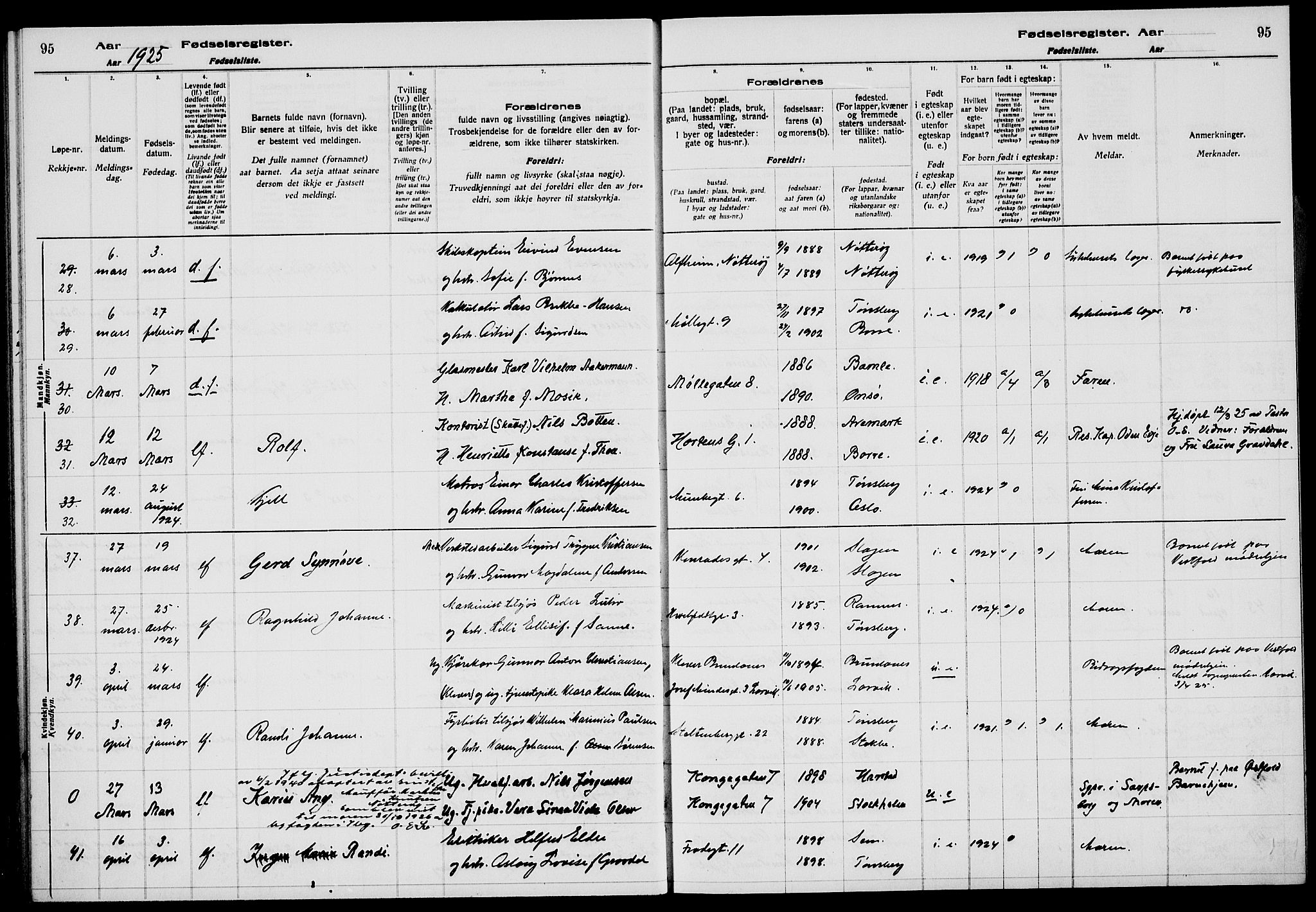 Tønsberg kirkebøker, AV/SAKO-A-330/J/Ja/L0002: Fødselsregister nr. 2, 1922-1928, s. 95