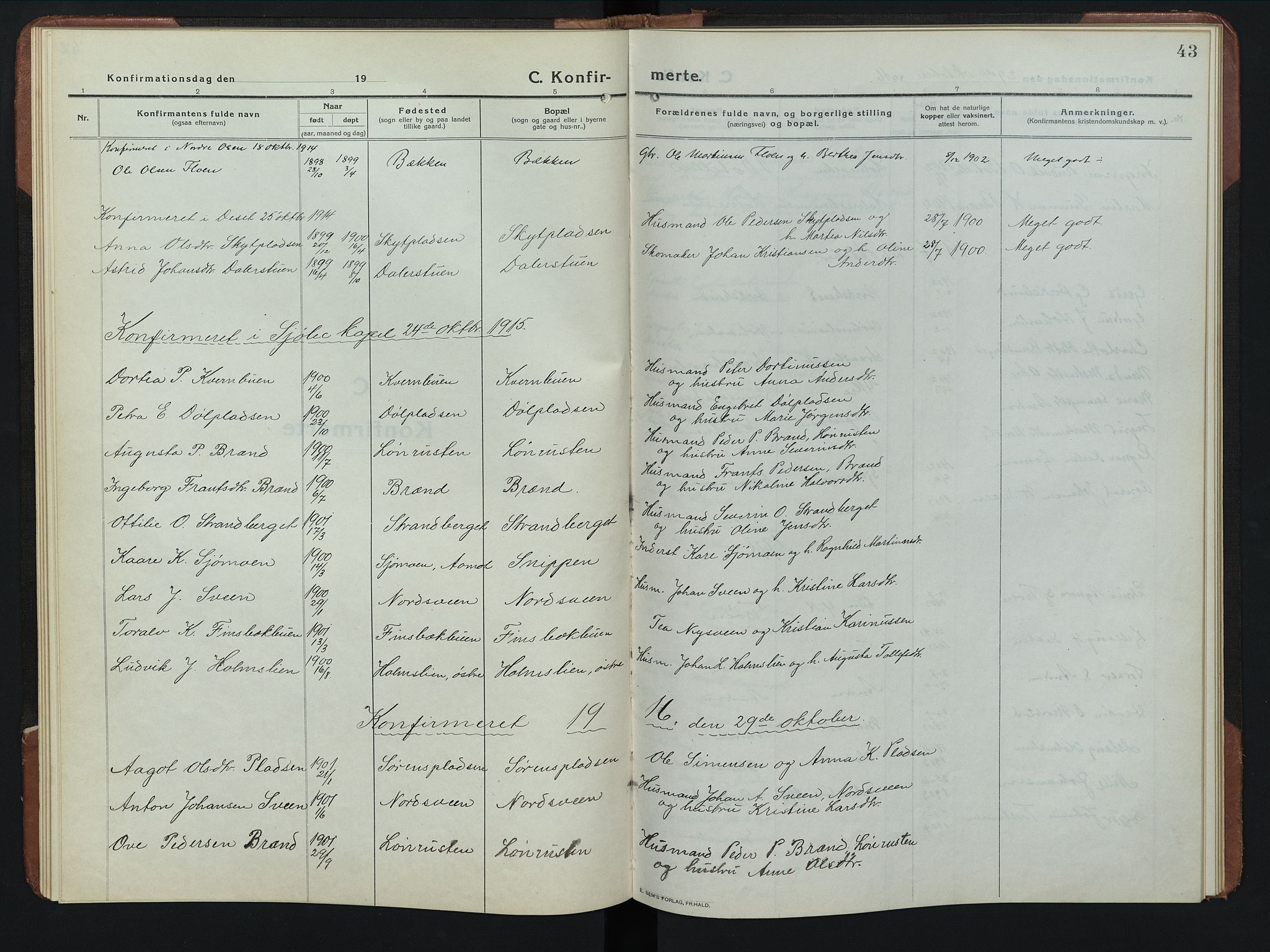 Rendalen prestekontor, AV/SAH-PREST-054/H/Ha/Hab/L0008: Klokkerbok nr. 8, 1914-1948, s. 43