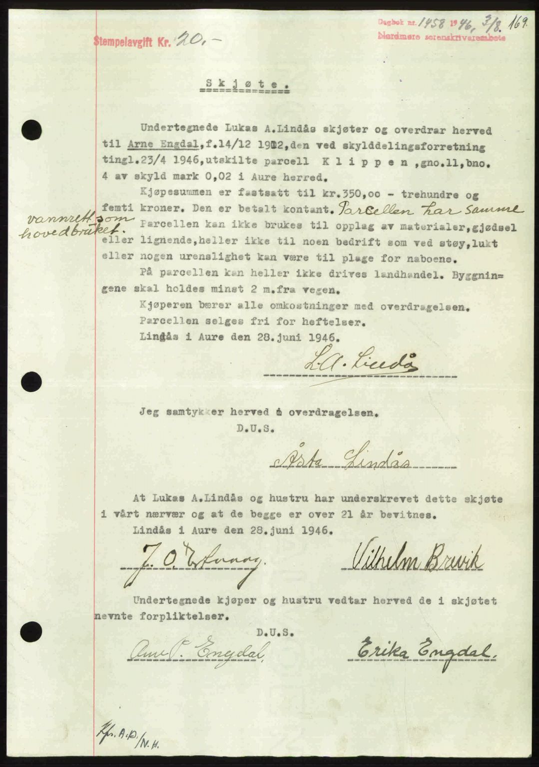 Nordmøre sorenskriveri, SAT/A-4132/1/2/2Ca: Pantebok nr. A102, 1946-1946, Dagboknr: 1458/1946