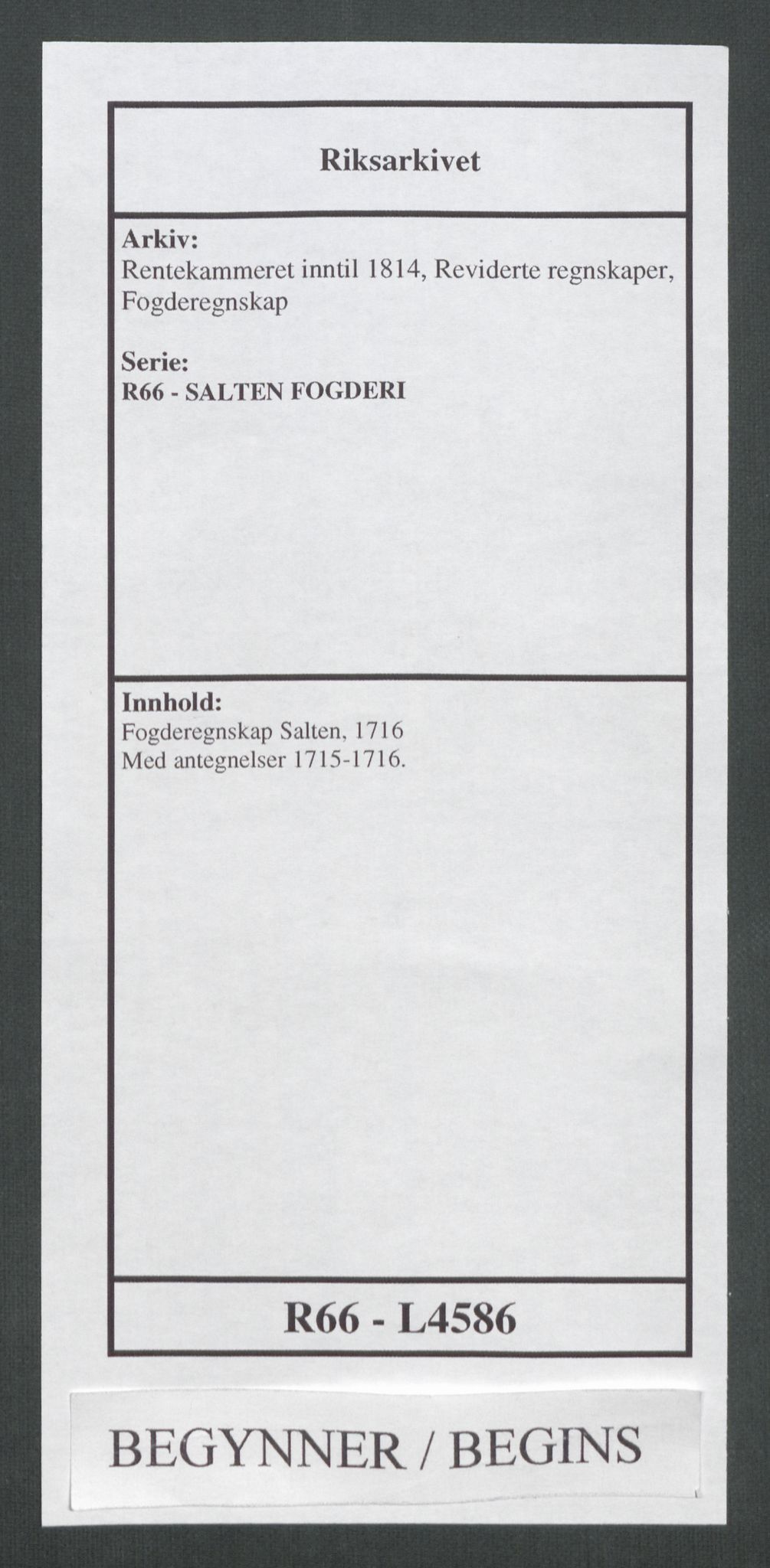 Rentekammeret inntil 1814, Reviderte regnskaper, Fogderegnskap, RA/EA-4092/R66/L4586: Fogderegnskap Salten, 1716, s. 1