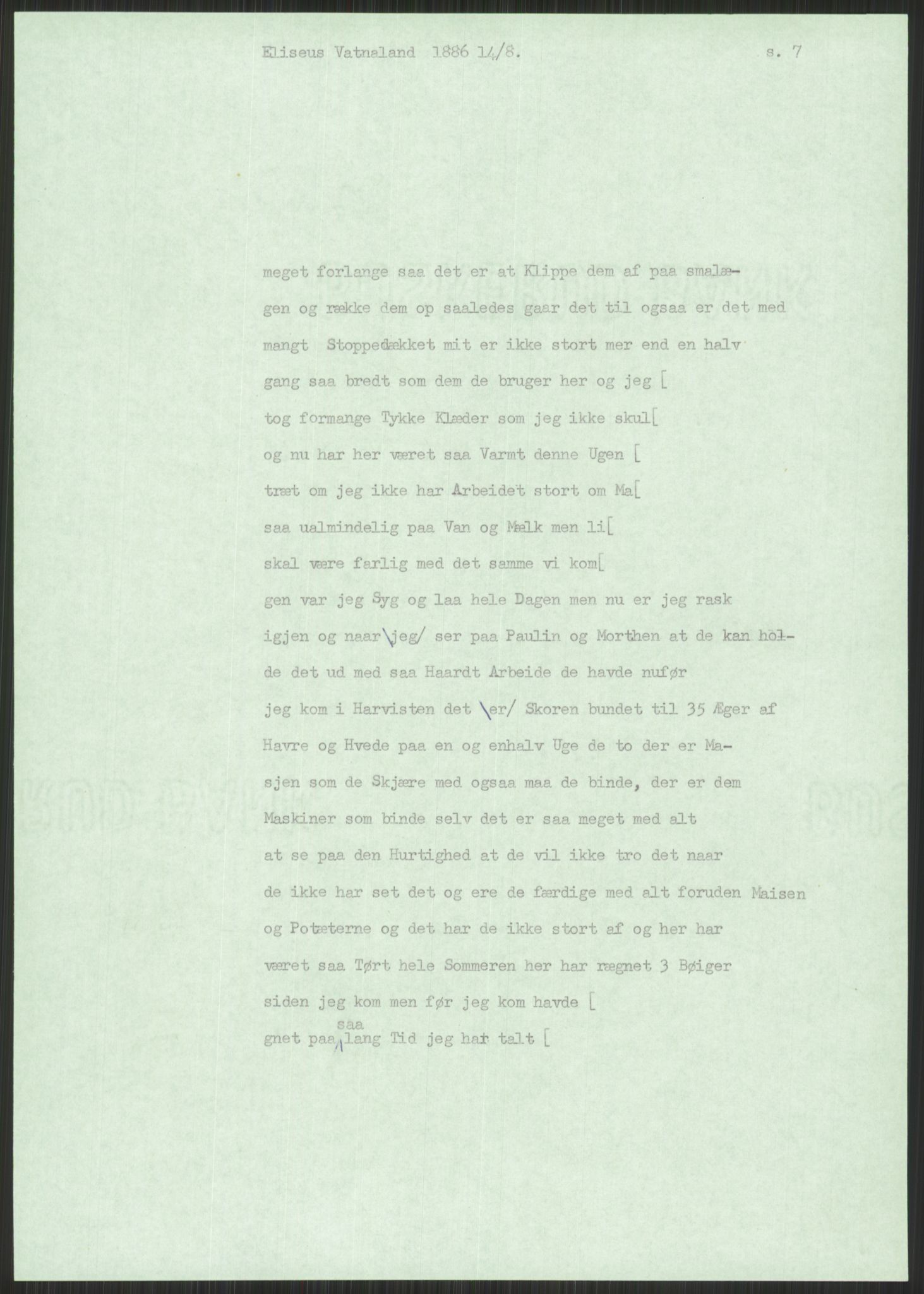 Samlinger til kildeutgivelse, Amerikabrevene, AV/RA-EA-4057/F/L0030: Innlån fra Rogaland: Vatnaland - Øverland, 1838-1914, s. 87