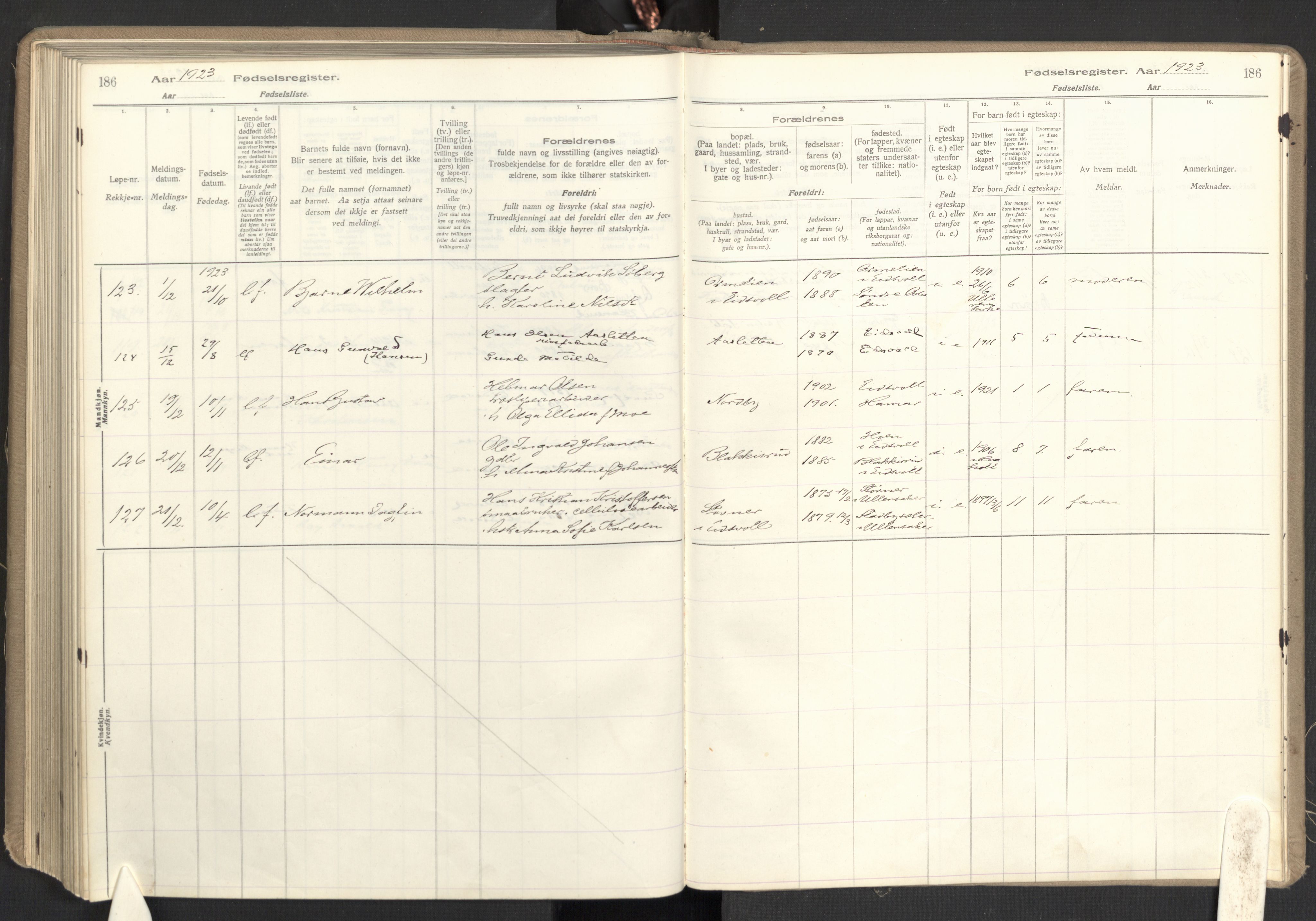 Eidsvoll prestekontor Kirkebøker, AV/SAO-A-10888/J/Ja/L0001: Fødselsregister nr. I 1, 1916-1924, s. 186