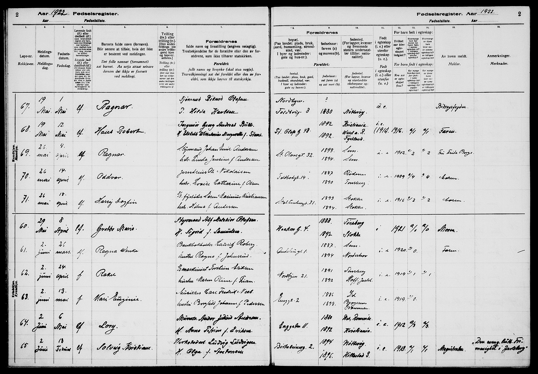 Tønsberg kirkebøker, AV/SAKO-A-330/J/Ja/L0002: Fødselsregister nr. 2, 1922-1928, s. 2