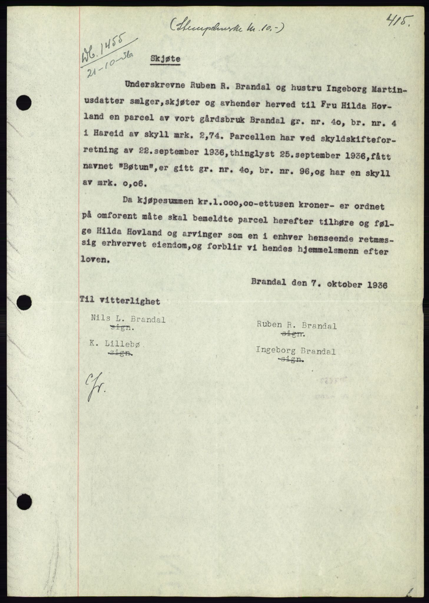 Søre Sunnmøre sorenskriveri, SAT/A-4122/1/2/2C/L0061: Pantebok nr. 55, 1936-1936, Dagboknr: 1455/1936
