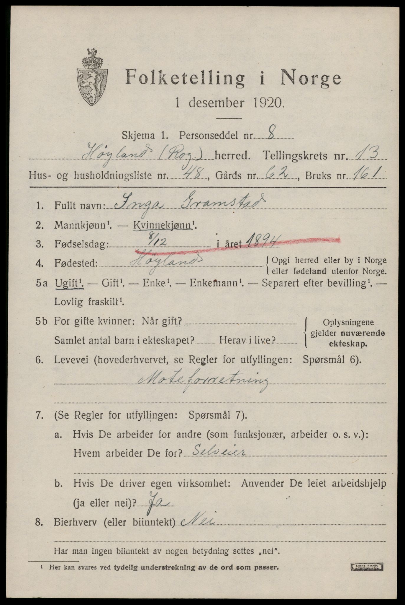 SAST, Folketelling 1920 for 1123 Høyland herred, 1920, s. 11460