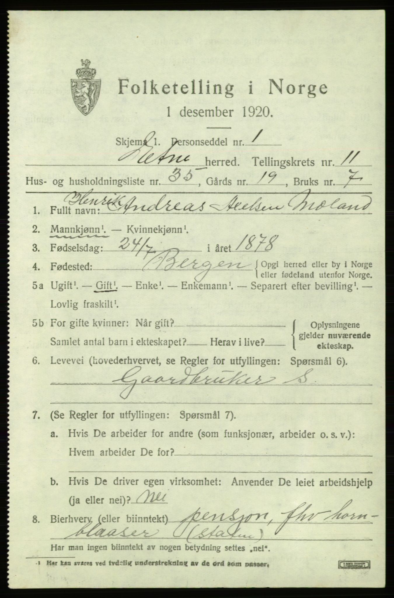 SAB, Folketelling 1920 for 1211 Etne herred, 1920, s. 5011