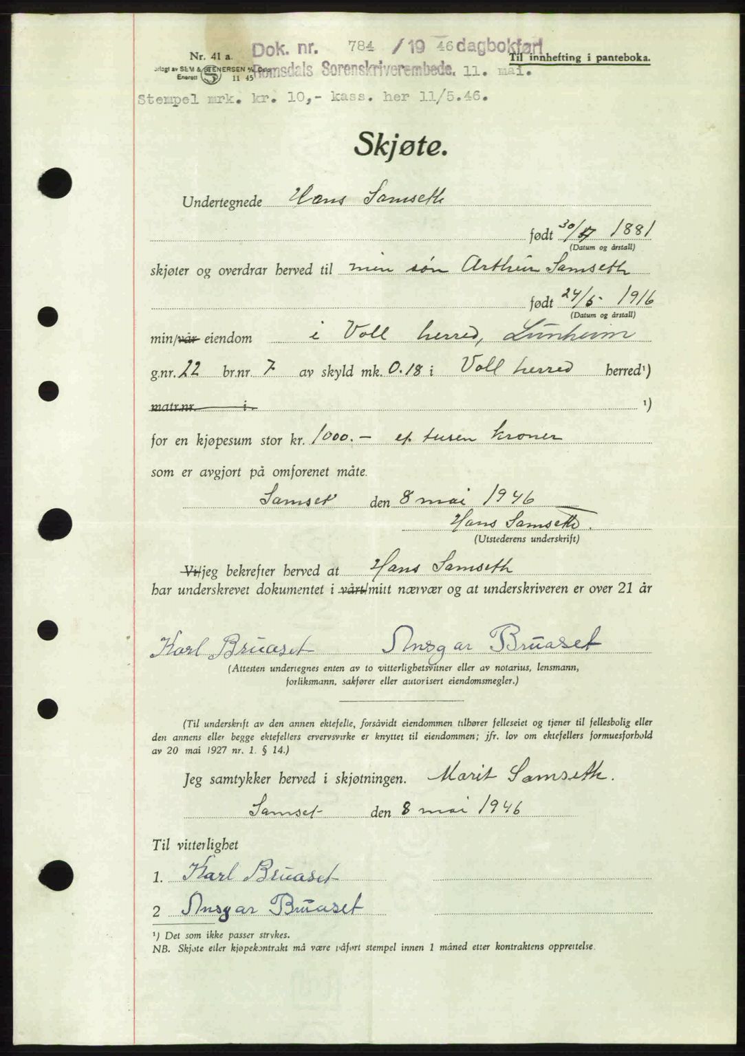 Romsdal sorenskriveri, SAT/A-4149/1/2/2C: Pantebok nr. A19, 1946-1946, Dagboknr: 784/1946