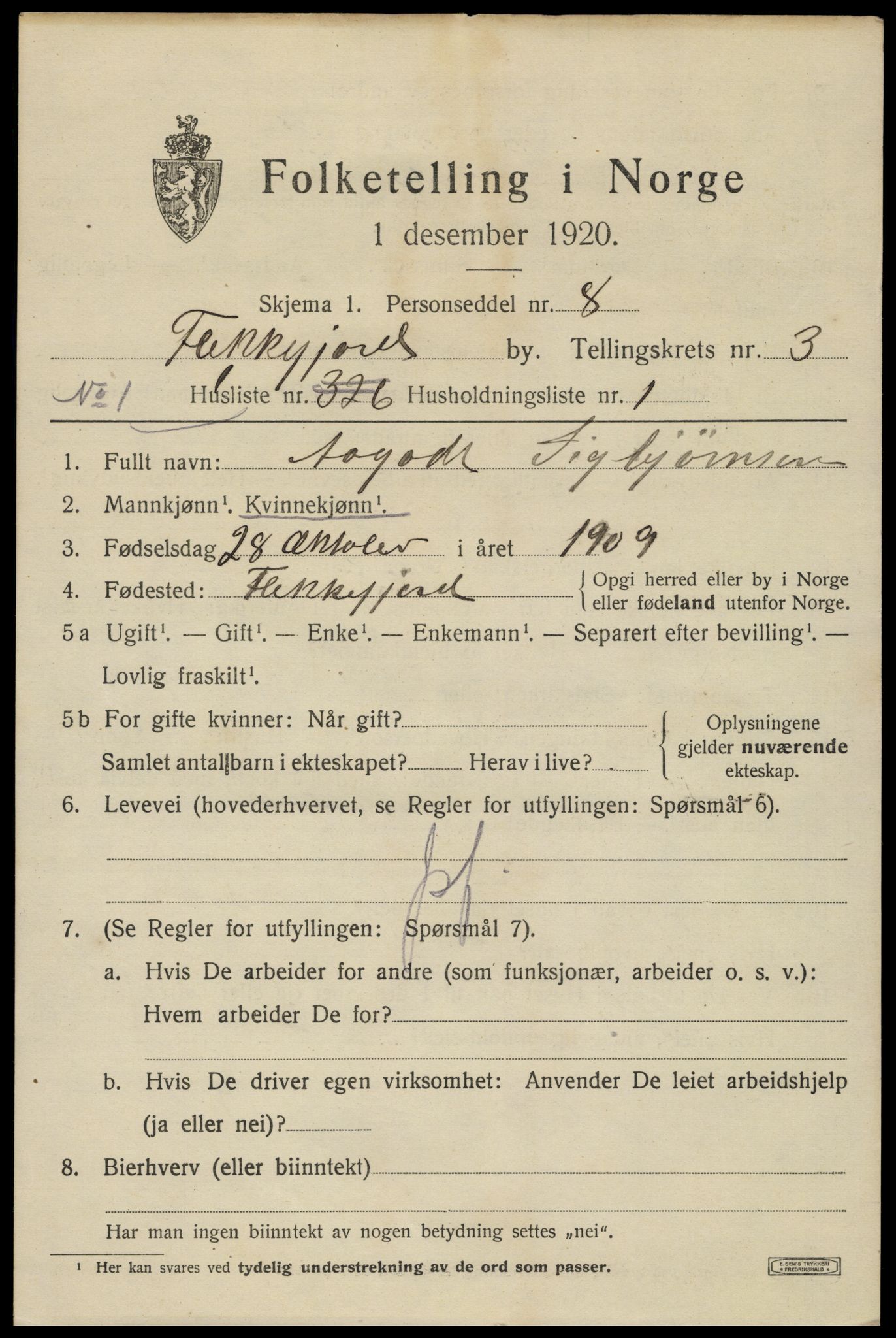 SAK, Folketelling 1920 for 1004 Flekkefjord kjøpstad, 1920, s. 3420